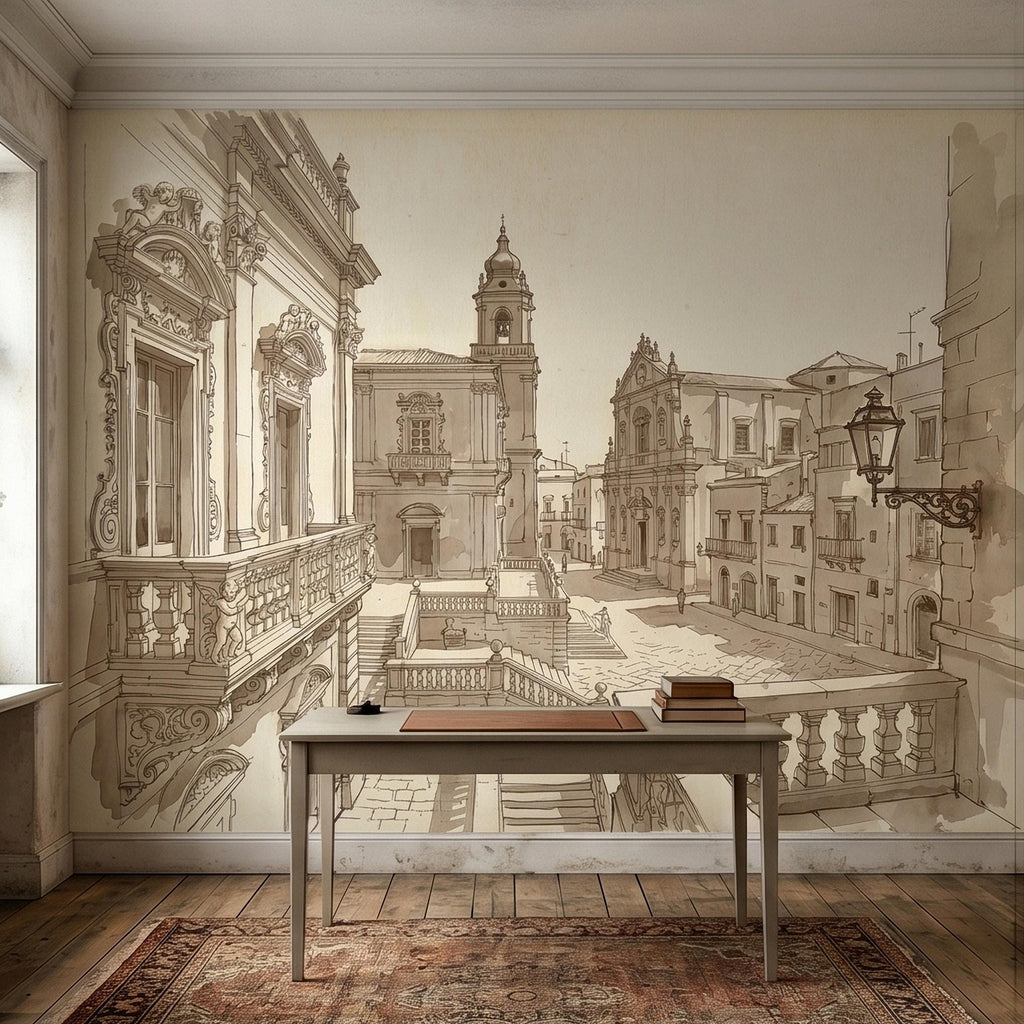Italian Old Town Street Peel and Stick Wall Mural, Vintage Architecture Sketch, European Piazza Line Drawing, Sepia Beige Neutral Wallpaper