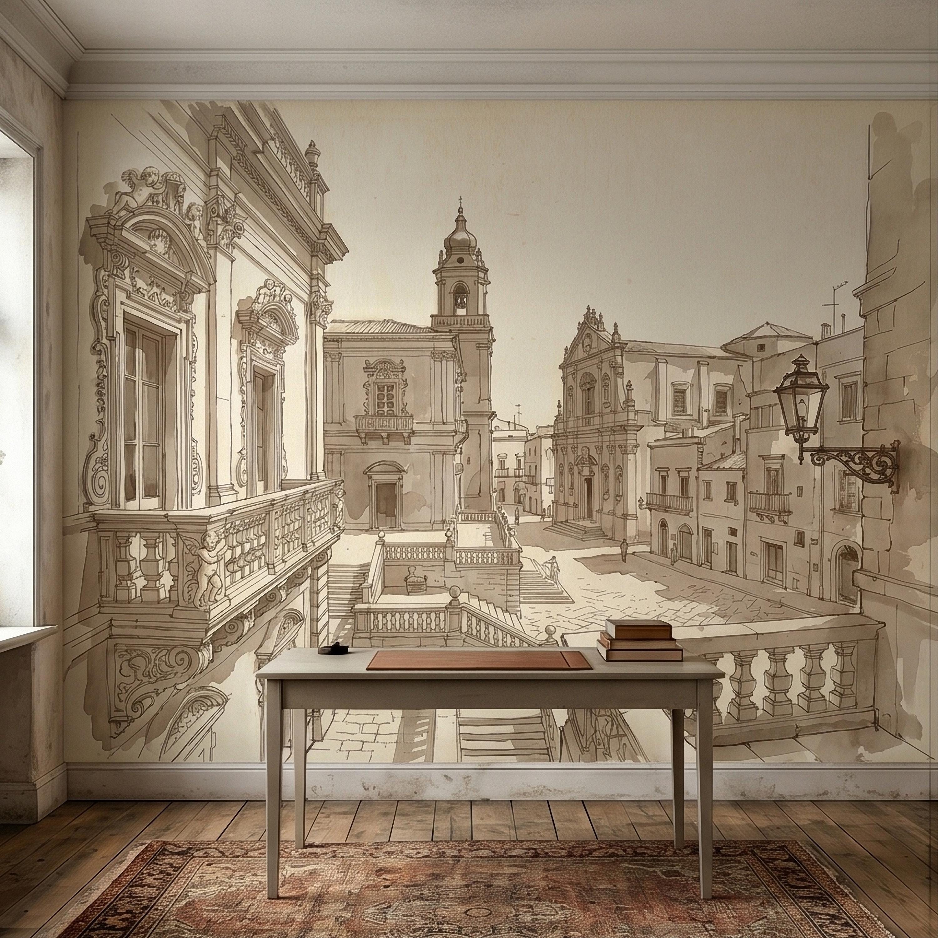 Italian Old Town Street Peel and Stick Wall Mural, Vintage Architecture Sketch, European Piazza Line Drawing, Sepia Beige Neutral Wallpaper