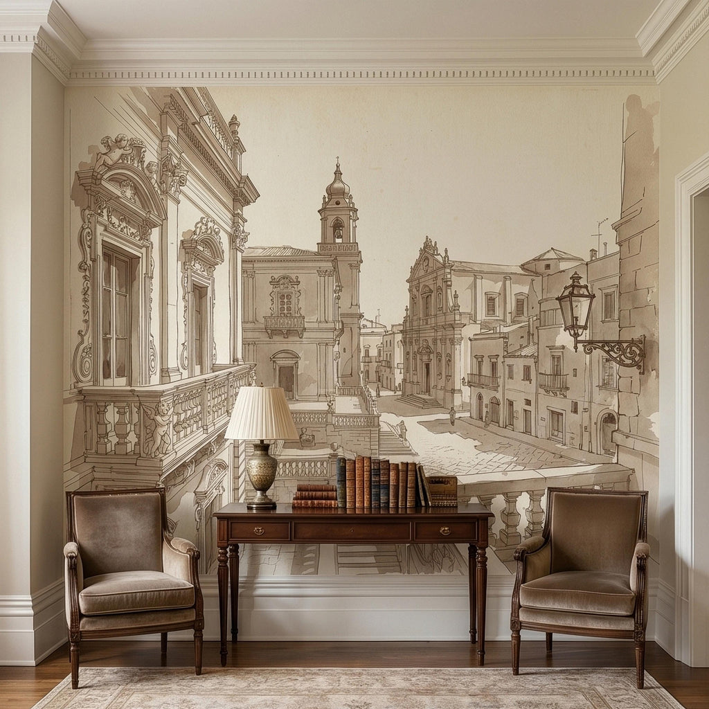 Italian Old Town Street Peel and Stick Wall Mural, Vintage Architecture Sketch, European Piazza Line Drawing, Sepia Beige Neutral Wallpaper