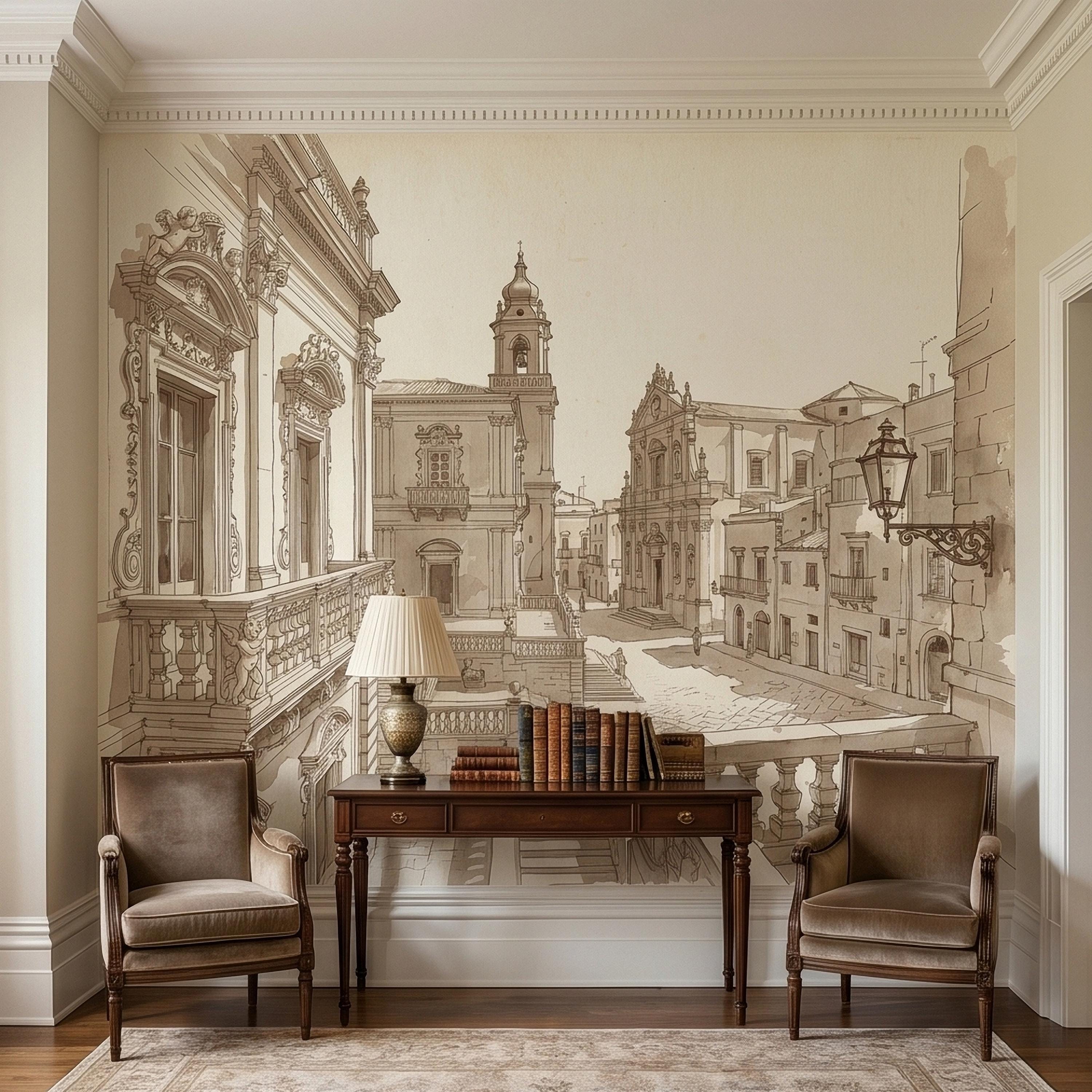 Italian Old Town Street Peel and Stick Wall Mural, Vintage Architecture Sketch, European Piazza Line Drawing, Sepia Beige Neutral Wallpaper
