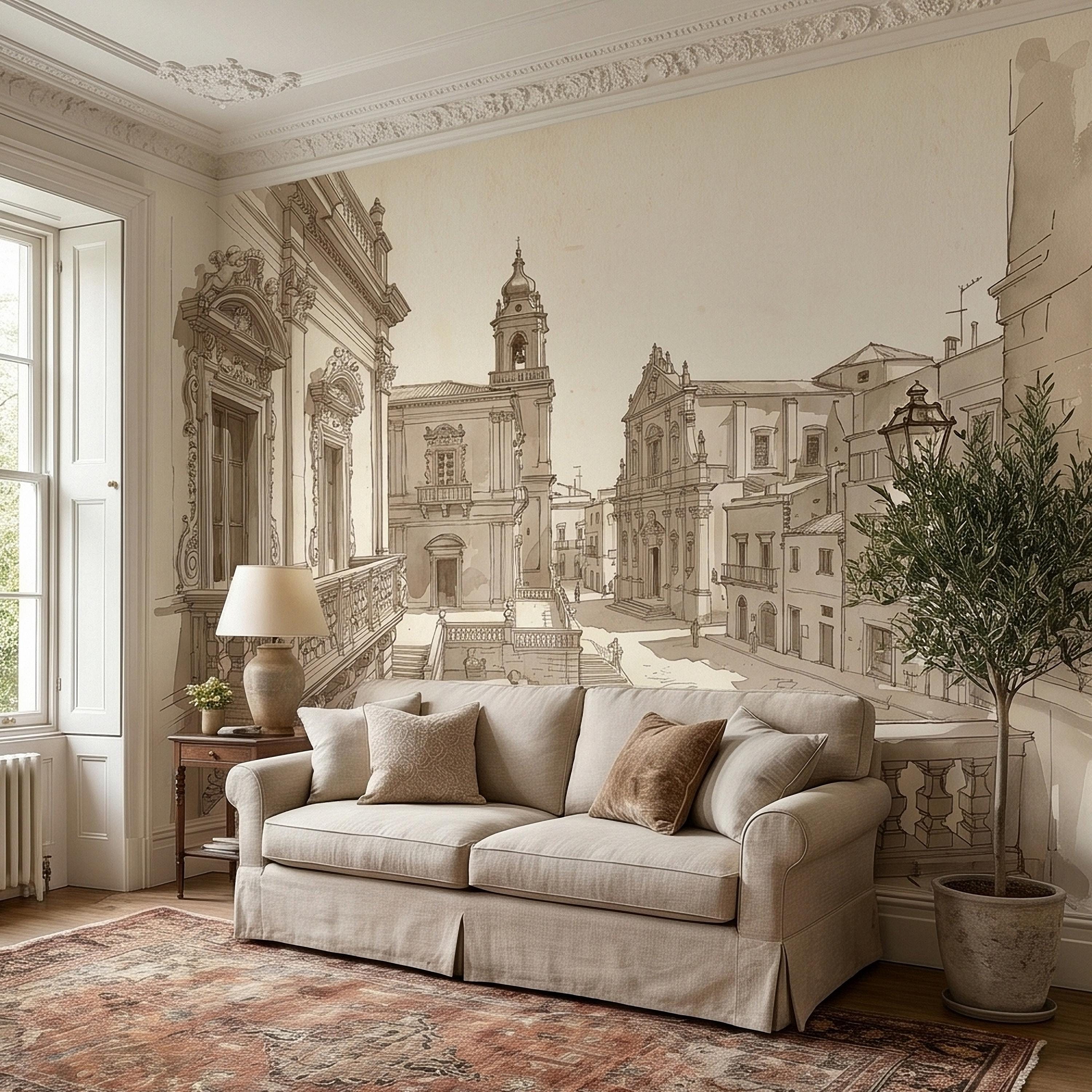 Italian Old Town Street Peel and Stick Wall Mural, Vintage Architecture Sketch, European Piazza Line Drawing, Sepia Beige Neutral Wallpaper