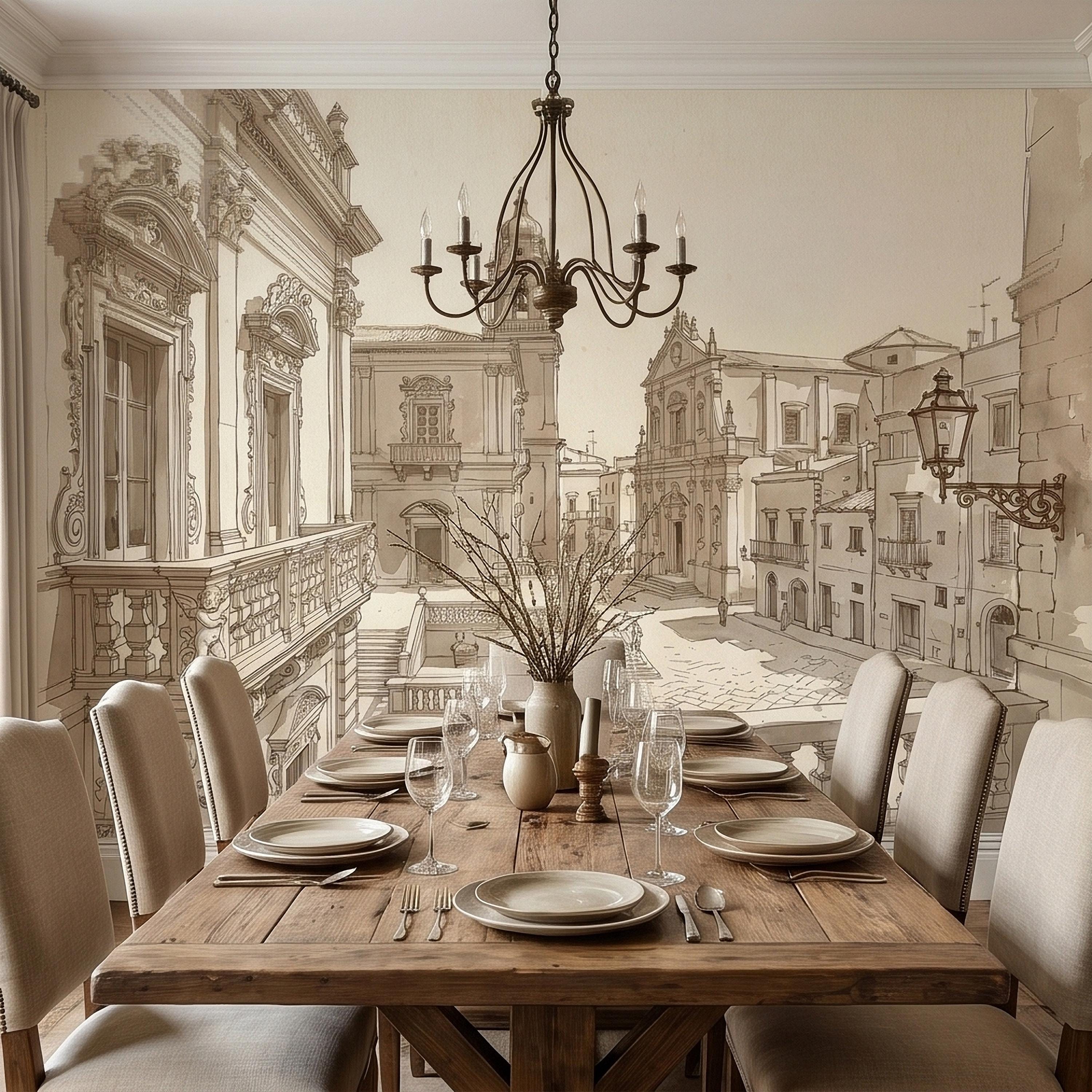 Italian Old Town Street Peel and Stick Wall Mural, Vintage Architecture Sketch, European Piazza Line Drawing, Sepia Beige Neutral Wallpaper