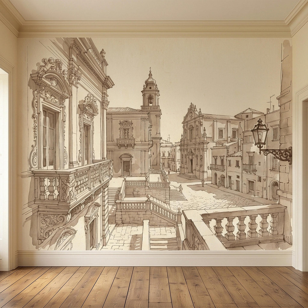Italian Old Town Street Peel and Stick Wall Mural, Vintage Architecture Sketch, European Piazza Line Drawing, Sepia Beige Neutral Wallpaper