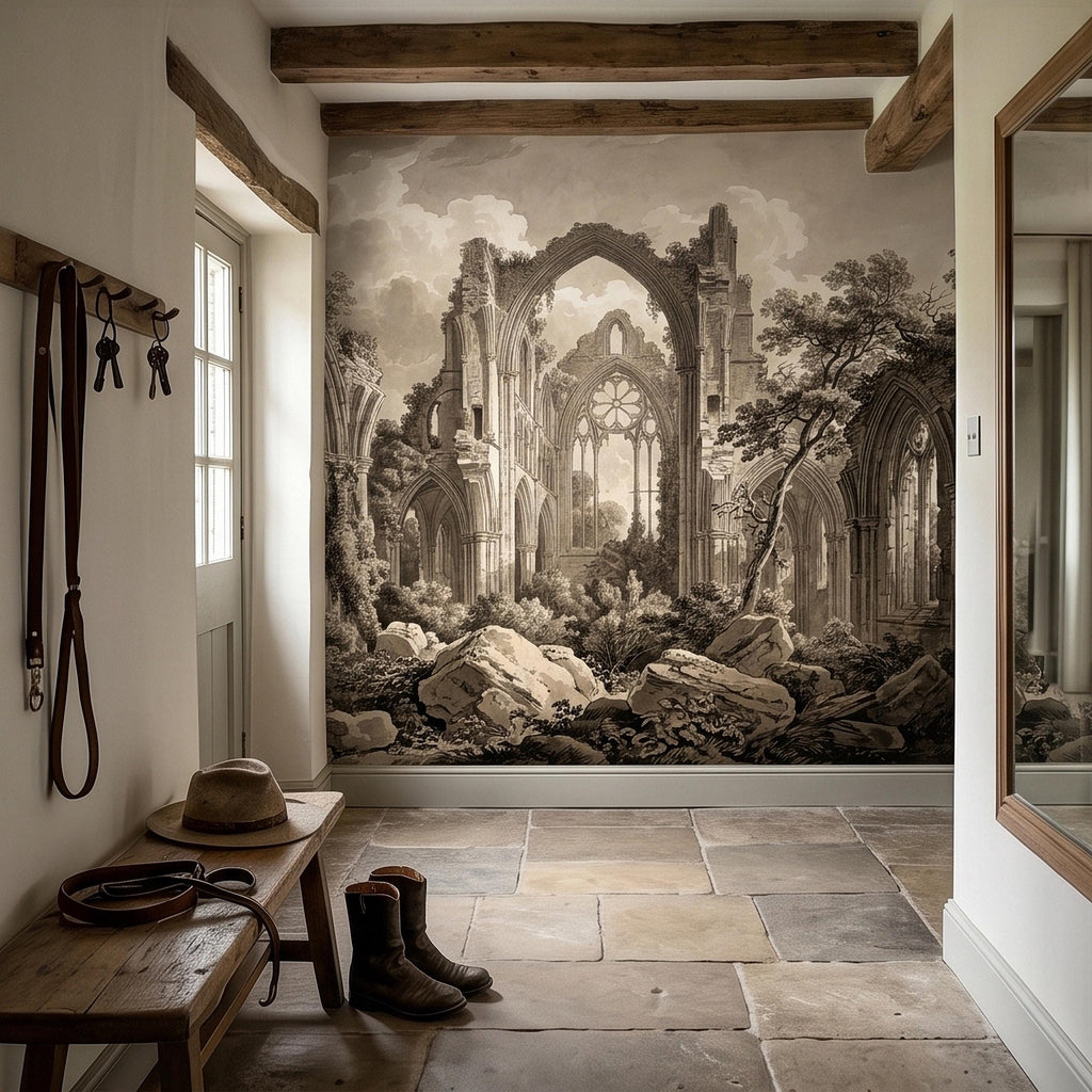Gothic Abbey Ruins Peel and Stick Wall Mural, Vintage Sepia Architectural Drawing, Ancient Cathedral Arches, Romantic Landscape Wallpaper
