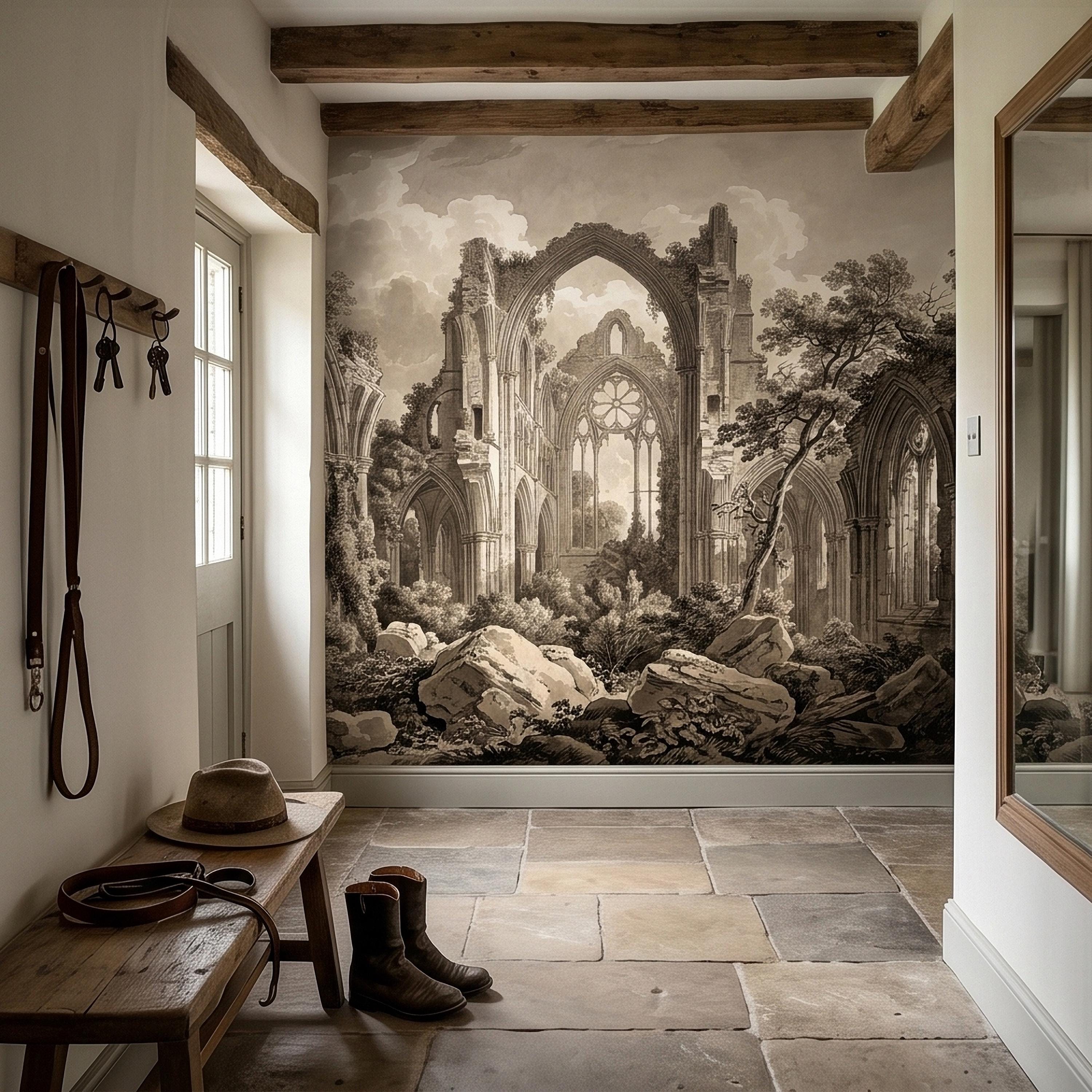 Gothic Abbey Ruins Peel and Stick Wall Mural, Vintage Sepia Architectural Drawing, Ancient Cathedral Arches, Romantic Landscape Wallpaper