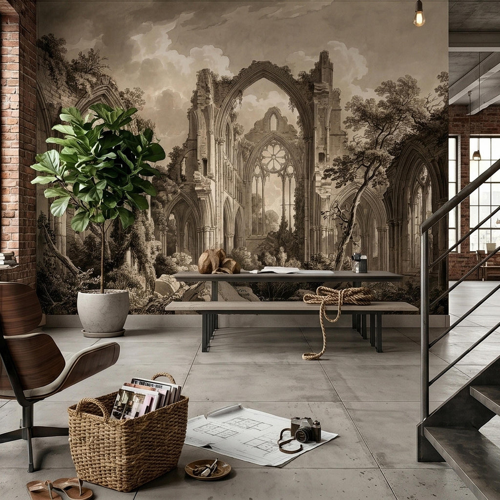 Gothic Abbey Ruins Peel and Stick Wall Mural, Vintage Sepia Architectural Drawing, Ancient Cathedral Arches, Romantic Landscape Wallpaper