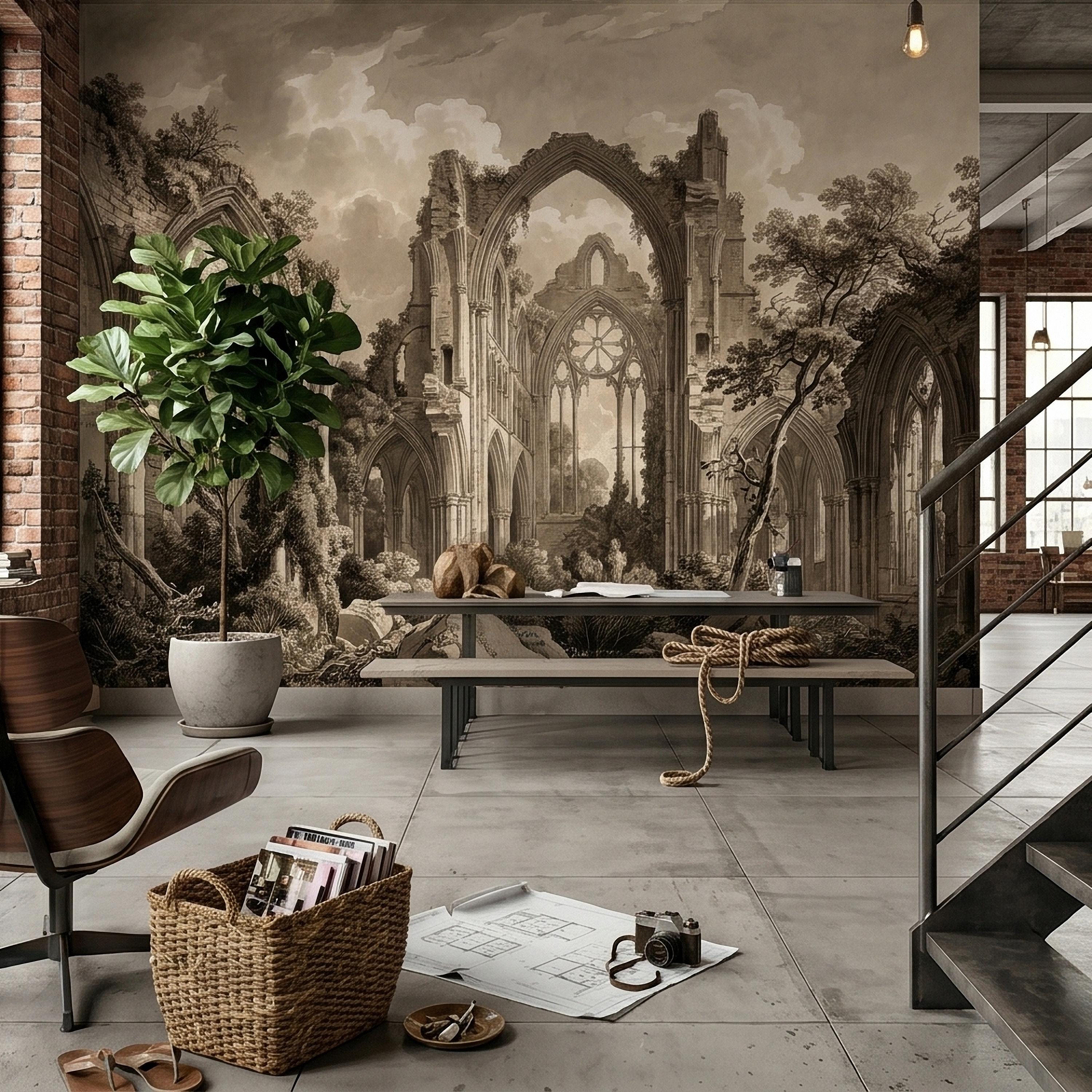 Gothic Abbey Ruins Peel and Stick Wall Mural, Vintage Sepia Architectural Drawing, Ancient Cathedral Arches, Romantic Landscape Wallpaper