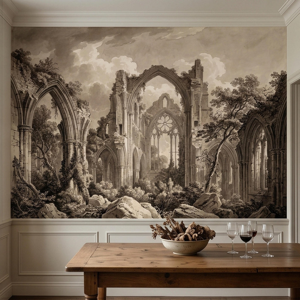 Gothic Abbey Ruins Peel and Stick Wall Mural, Vintage Sepia Architectural Drawing, Ancient Cathedral Arches, Romantic Landscape Wallpaper