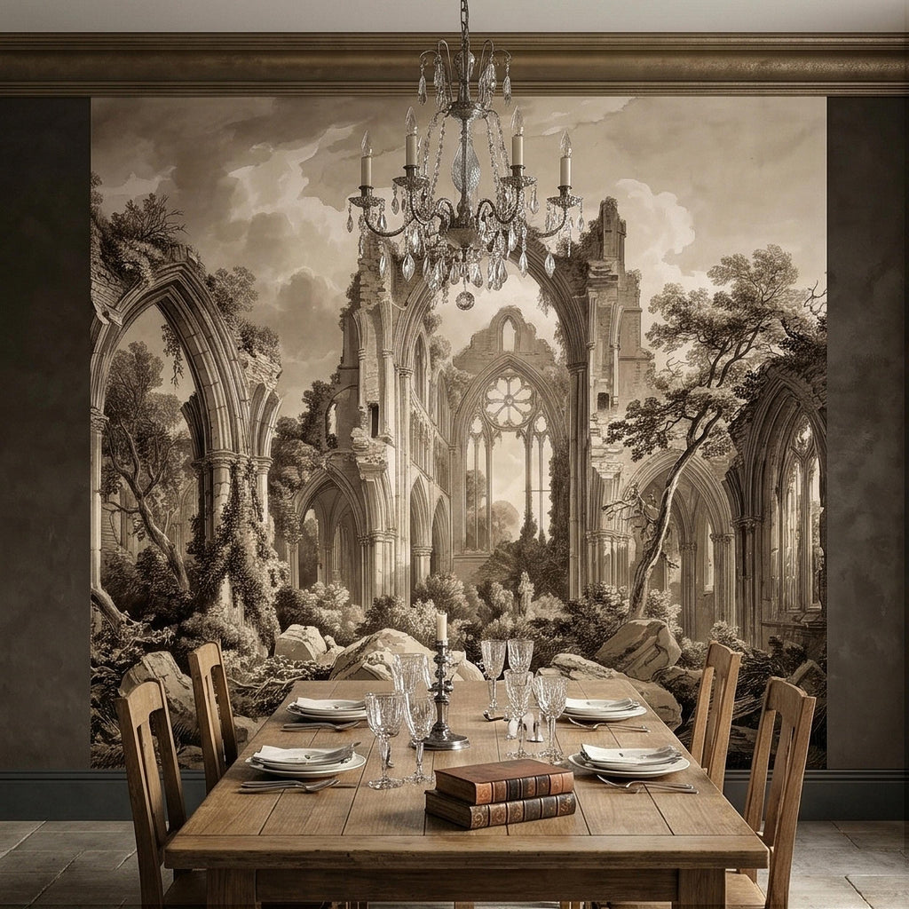 Gothic Abbey Ruins Peel and Stick Wall Mural, Vintage Sepia Architectural Drawing, Ancient Cathedral Arches, Romantic Landscape Wallpaper