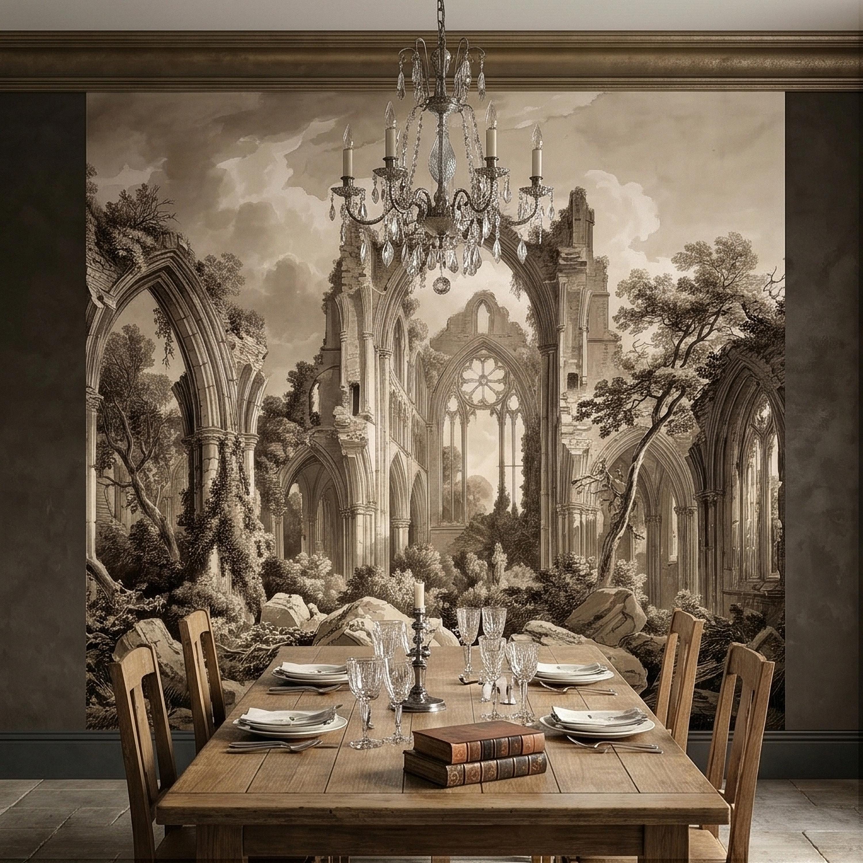 Gothic Abbey Ruins Peel and Stick Wall Mural, Vintage Sepia Architectural Drawing, Ancient Cathedral Arches, Romantic Landscape Wallpaper