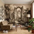 Gothic Abbey Ruins Peel and Stick Wall Mural, Vintage Sepia Architectural Drawing, Ancient Cathedral Arches, Romantic Landscape Wallpaper