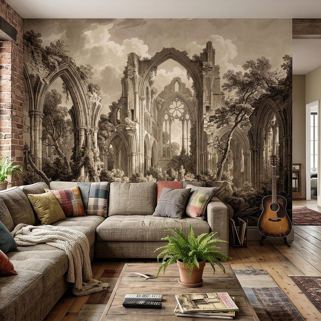 Gothic Abbey Ruins Peel and Stick Wall Mural, Vintage Sepia Architectural Drawing, Ancient Cathedral Arches, Romantic Landscape Wallpaper