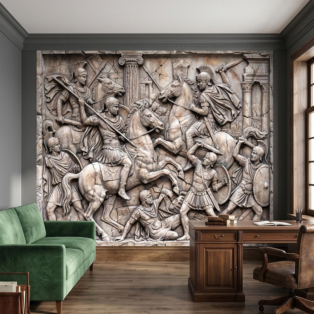 Ancient Roman Battle Relief Peel and Stick Wall Mural, Classical Greek Warriors & Horses Stone Bas-Relief, Beige Gray Antique Wallpaper