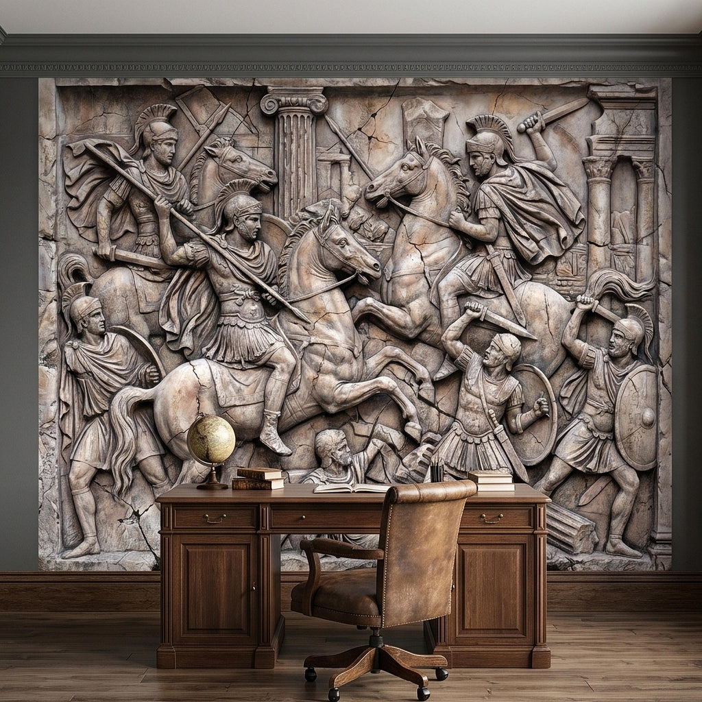 Ancient Roman Battle Relief Peel and Stick Wall Mural, Classical Greek Warriors & Horses Stone Bas-Relief, Beige Gray Antique Wallpaper