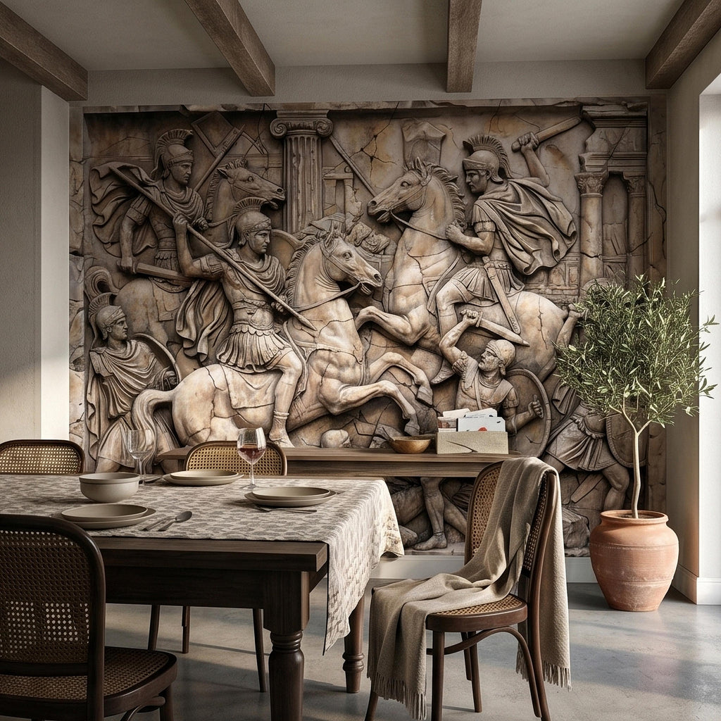 Ancient Roman Battle Relief Peel and Stick Wall Mural, Classical Greek Warriors & Horses Stone Bas-Relief, Beige Gray Antique Wallpaper