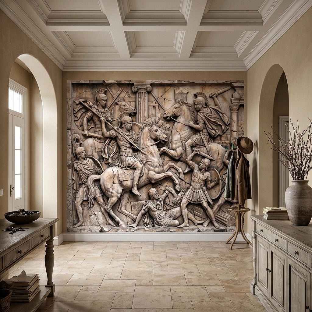 Ancient Roman Battle Relief Peel and Stick Wall Mural, Classical Greek Warriors & Horses Stone Bas-Relief, Beige Gray Antique Wallpaper