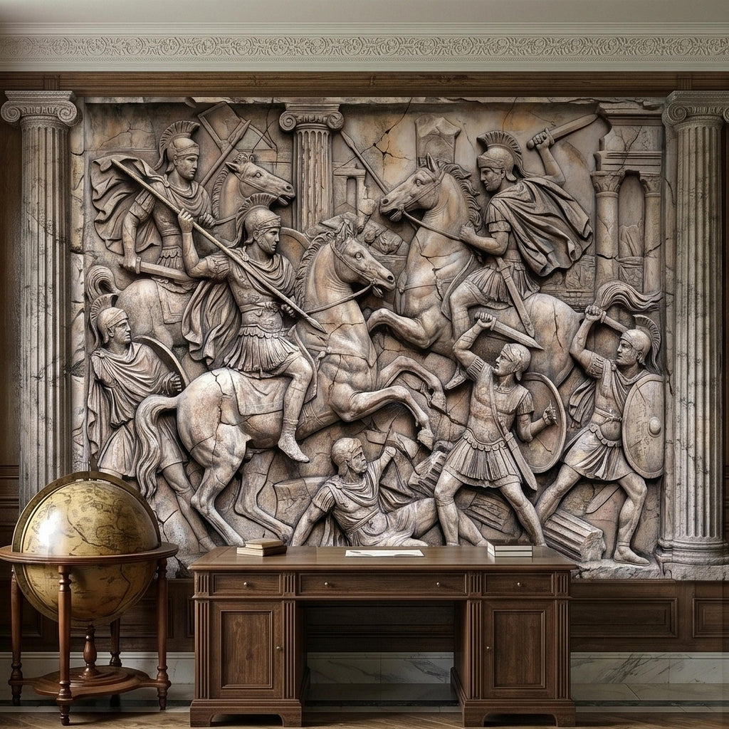 Ancient Roman Battle Relief Peel and Stick Wall Mural, Classical Greek Warriors & Horses Stone Bas-Relief, Beige Gray Antique Wallpaper