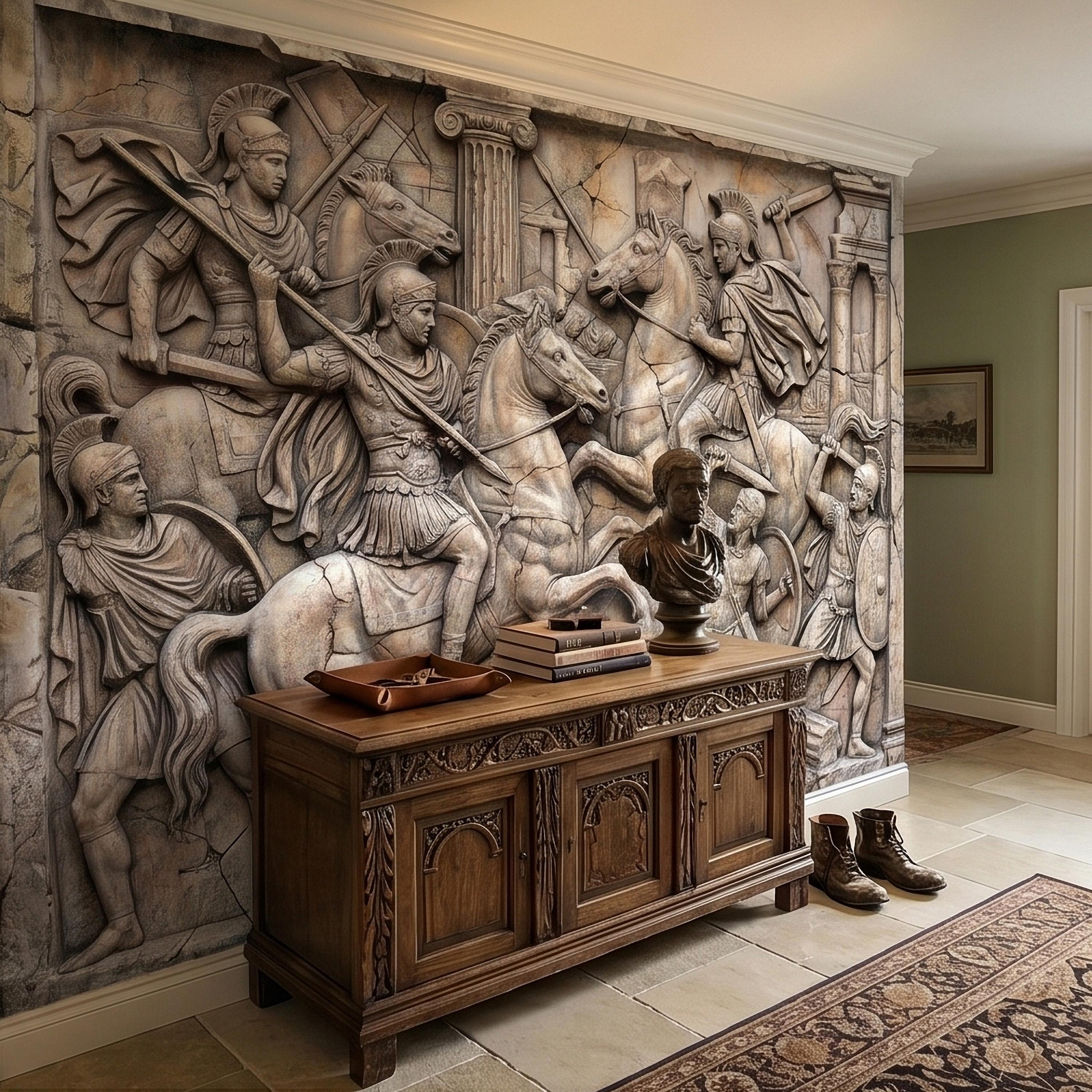 Ancient Roman Battle Relief Peel and Stick Wall Mural, Classical Greek Warriors & Horses Stone Bas-Relief, Beige Gray Antique Wallpaper