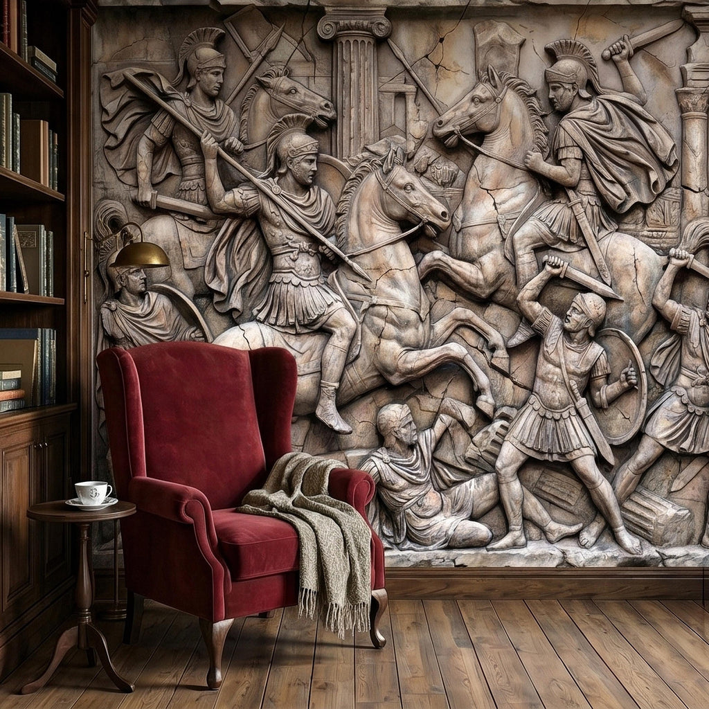 Ancient Roman Battle Relief Peel and Stick Wall Mural, Classical Greek Warriors & Horses Stone Bas-Relief, Beige Gray Antique Wallpaper