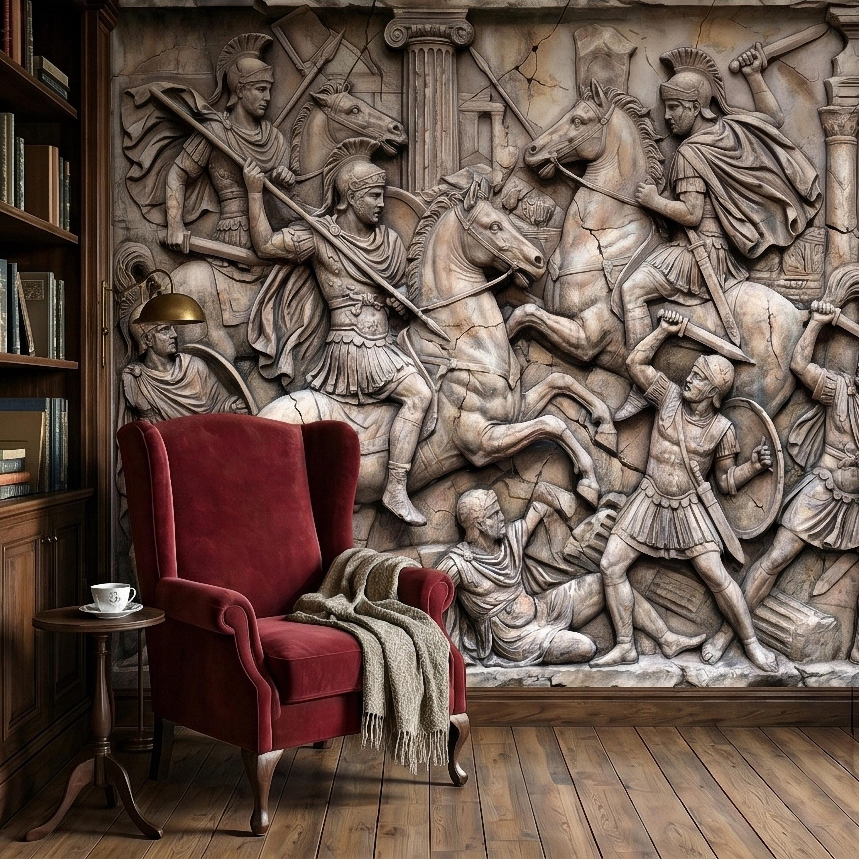 Ancient Roman Battle Relief Peel and Stick Wall Mural, Classical Greek Warriors & Horses Stone Bas-Relief, Beige Gray Antique Wallpaper