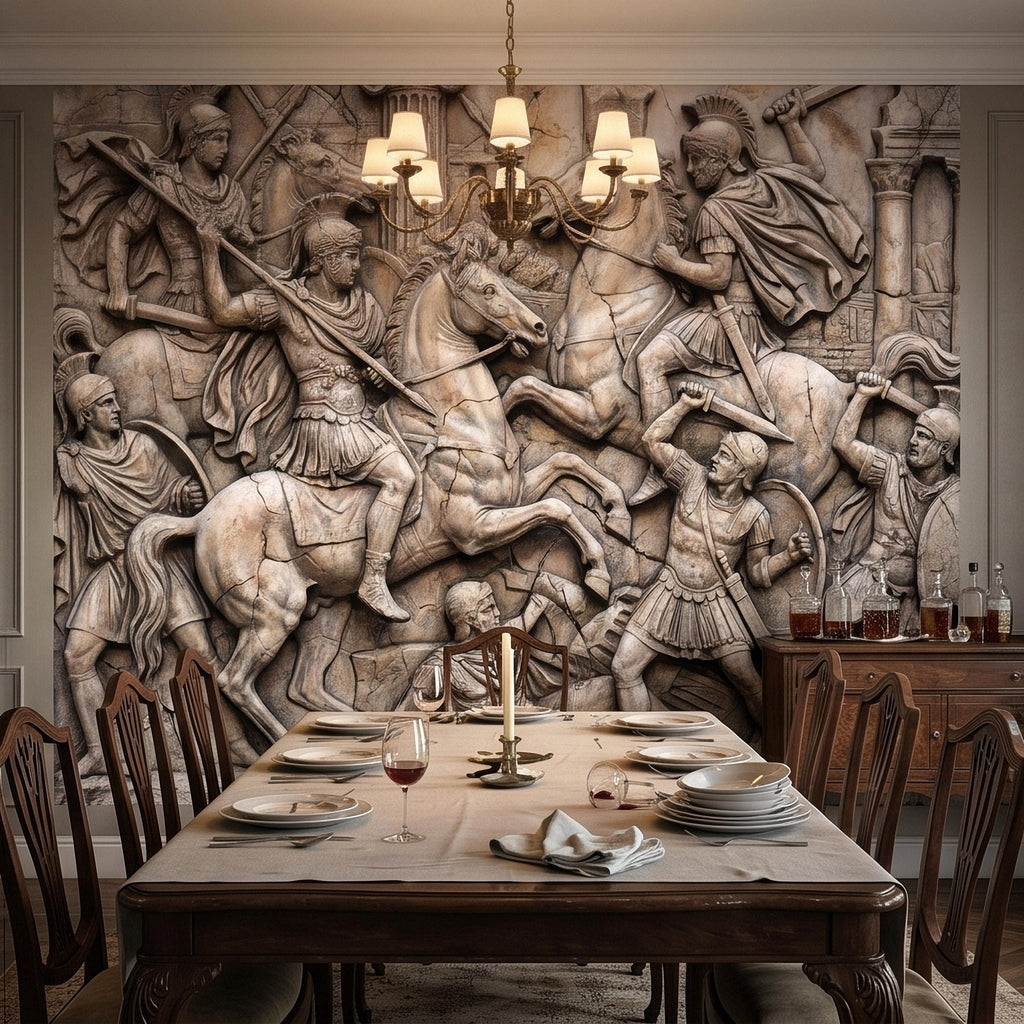 Ancient Roman Battle Relief Peel and Stick Wall Mural, Classical Greek Warriors & Horses Stone Bas-Relief, Beige Gray Antique Wallpaper