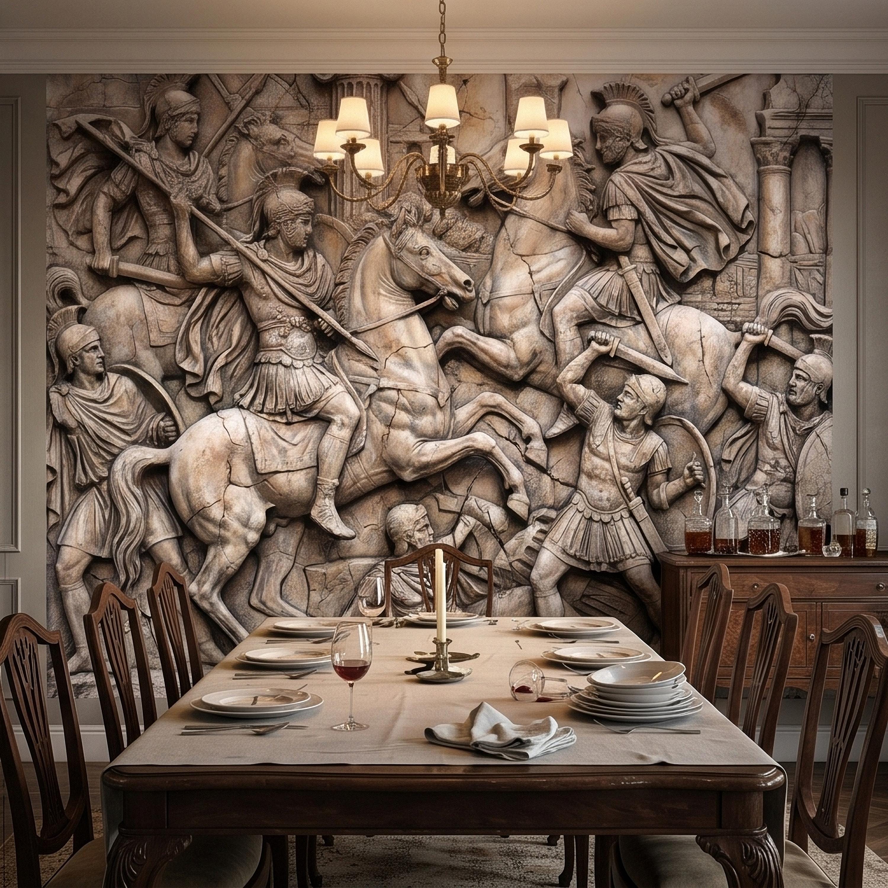 Ancient Roman Battle Relief Peel and Stick Wall Mural, Classical Greek Warriors & Horses Stone Bas-Relief, Beige Gray Antique Wallpaper