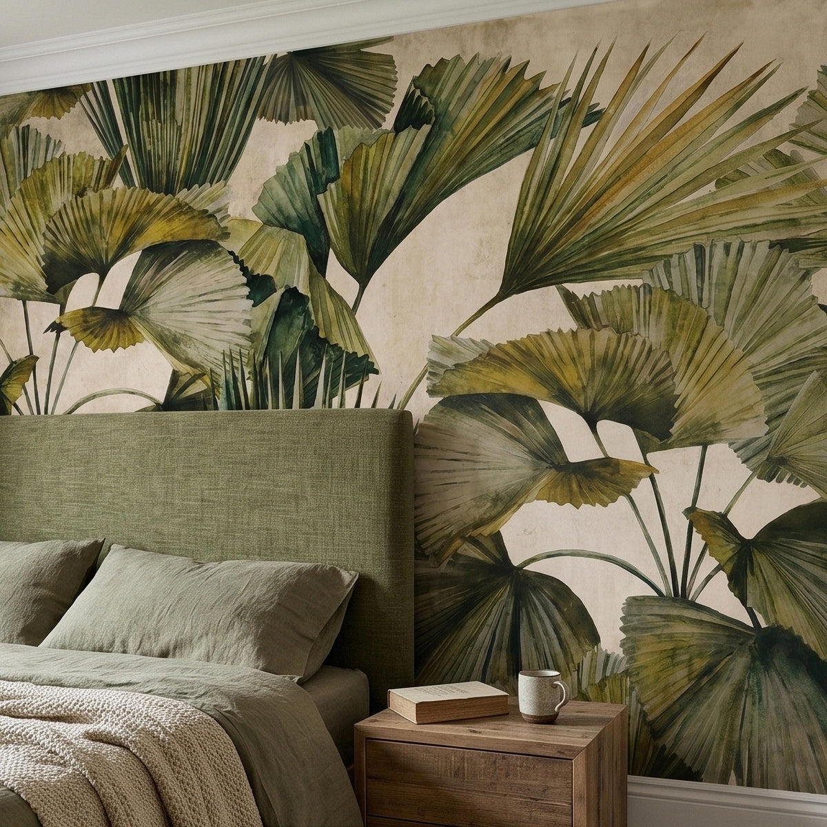 Tropical fan palm leaf wall mural in green and beige, cream off-white background
