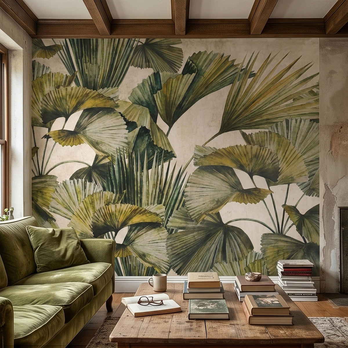 Tropical palm leaf wall mural with green and beige fan leaves on aged paper background