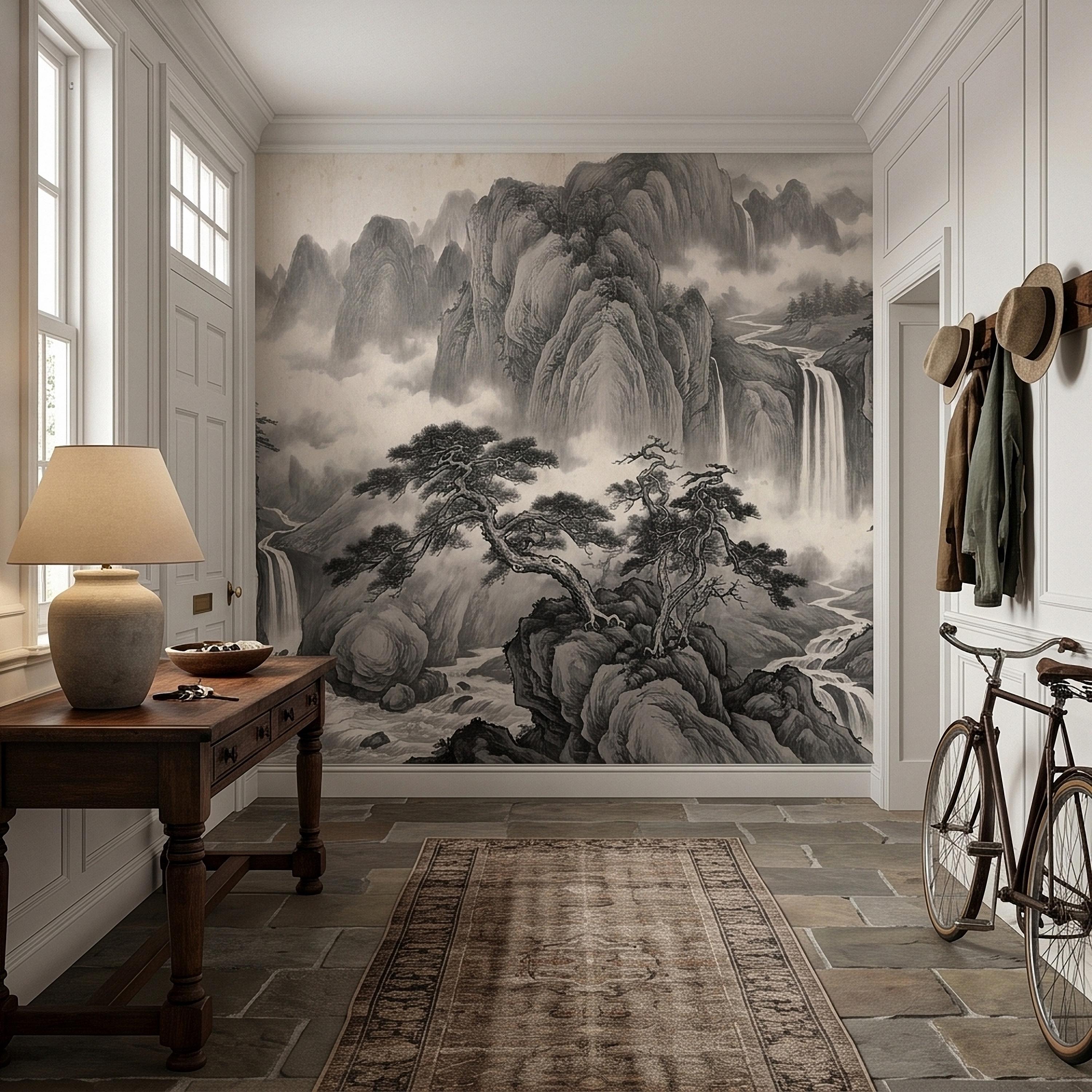 Chinese Ink Mountain Peel and Stick Wall Mural, Misty Waterfall Landscape, Black White Shan Shui Painting, Zen Nature Wallpaper