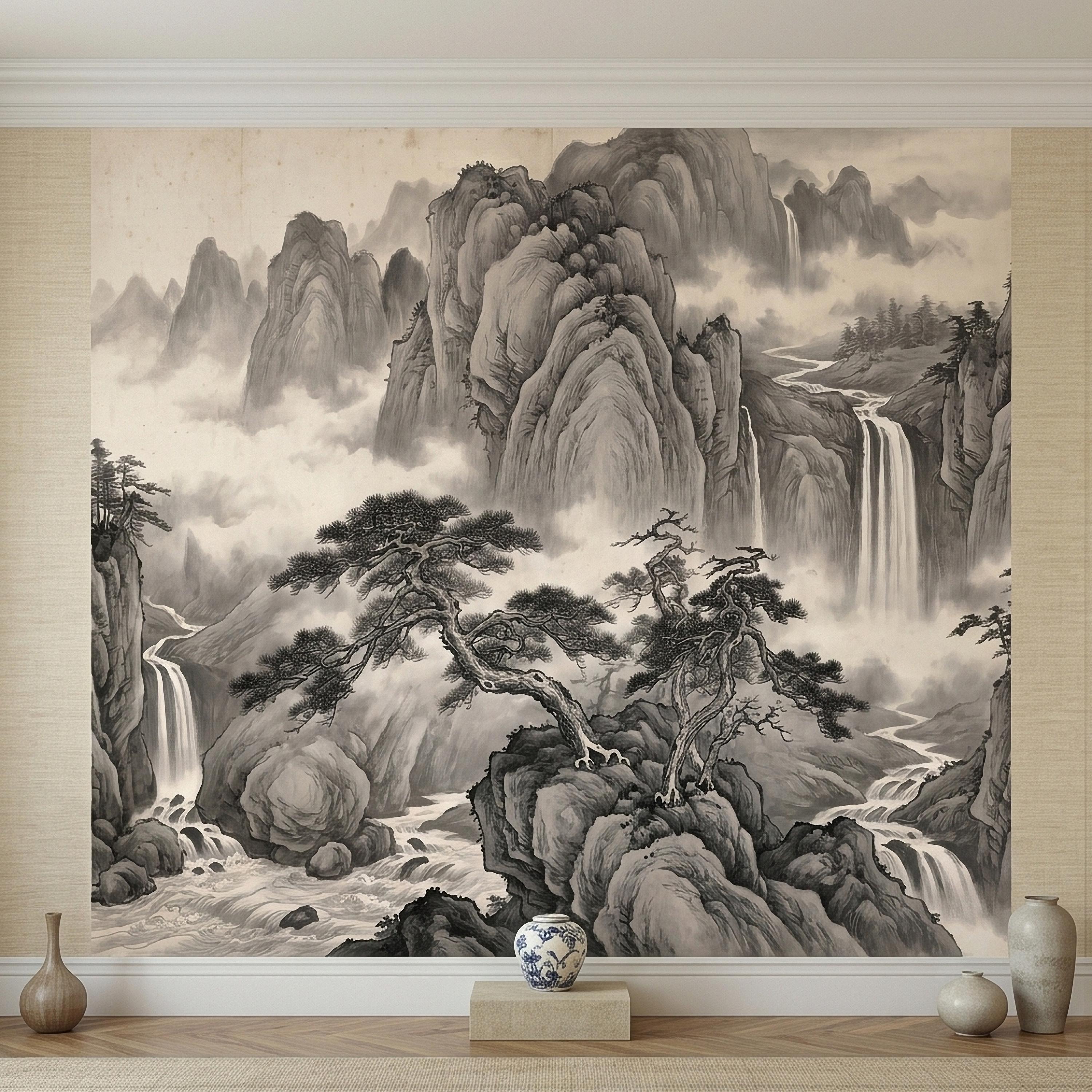 Chinese Ink Mountain Peel and Stick Wall Mural, Misty Waterfall Landscape, Black White Shan Shui Painting, Zen Nature Wallpaper