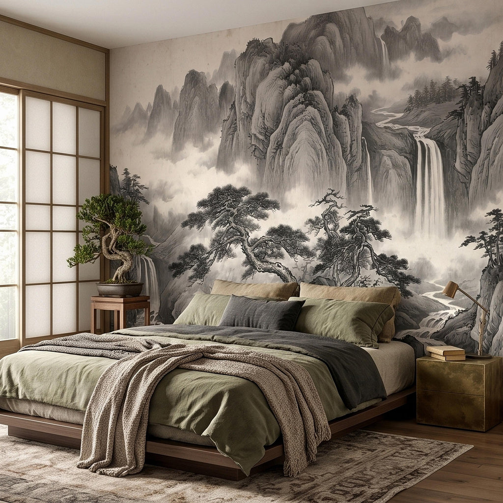 Chinese Ink Mountain Peel and Stick Wall Mural, Misty Waterfall Landscape, Black White Shan Shui Painting, Zen Nature Wallpaper