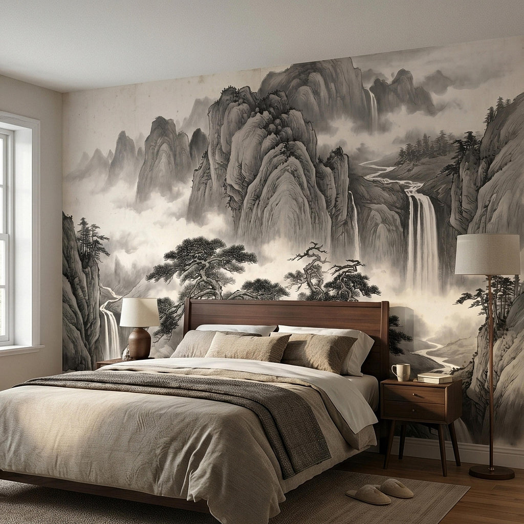 Chinese Ink Mountain Peel and Stick Wall Mural, Misty Waterfall Landscape, Black White Shan Shui Painting, Zen Nature Wallpaper