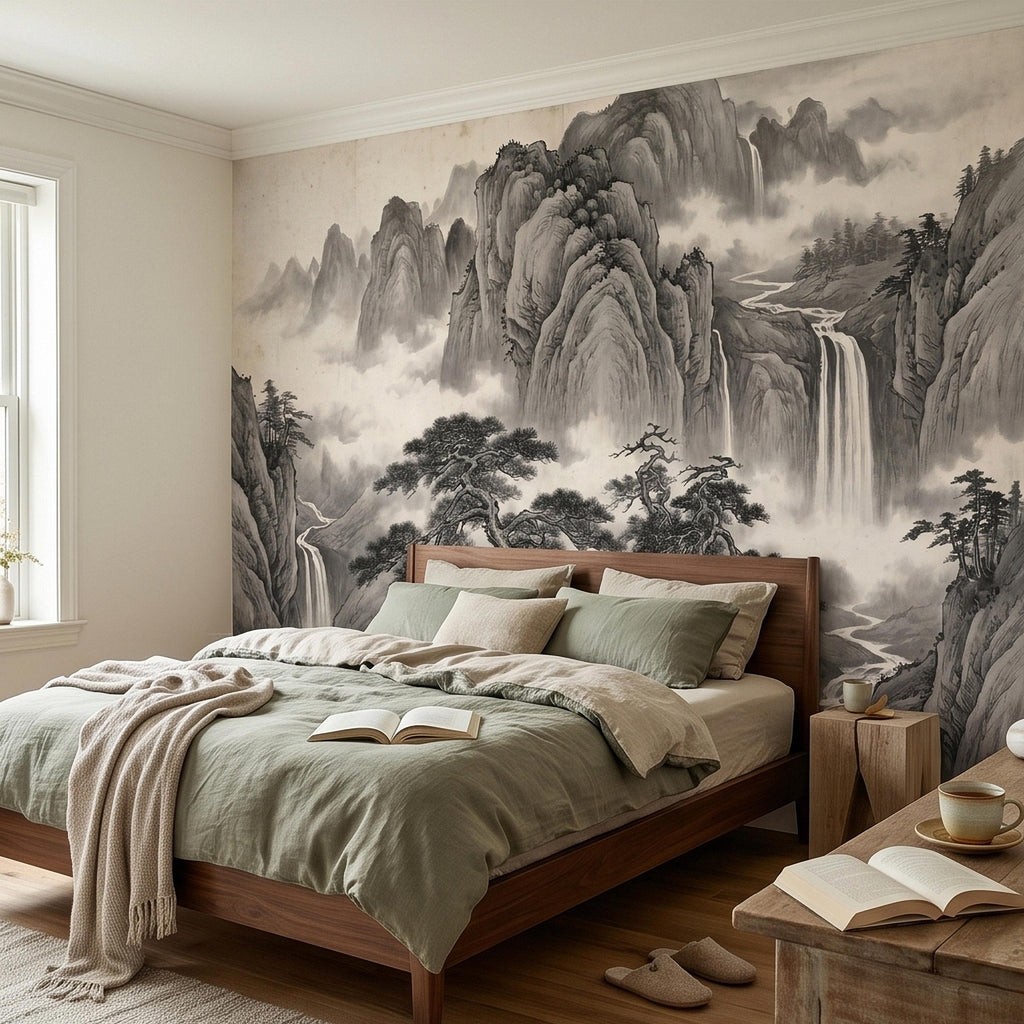 Chinese Ink Mountain Peel and Stick Wall Mural, Misty Waterfall Landscape, Black White Shan Shui Painting, Zen Nature Wallpaper