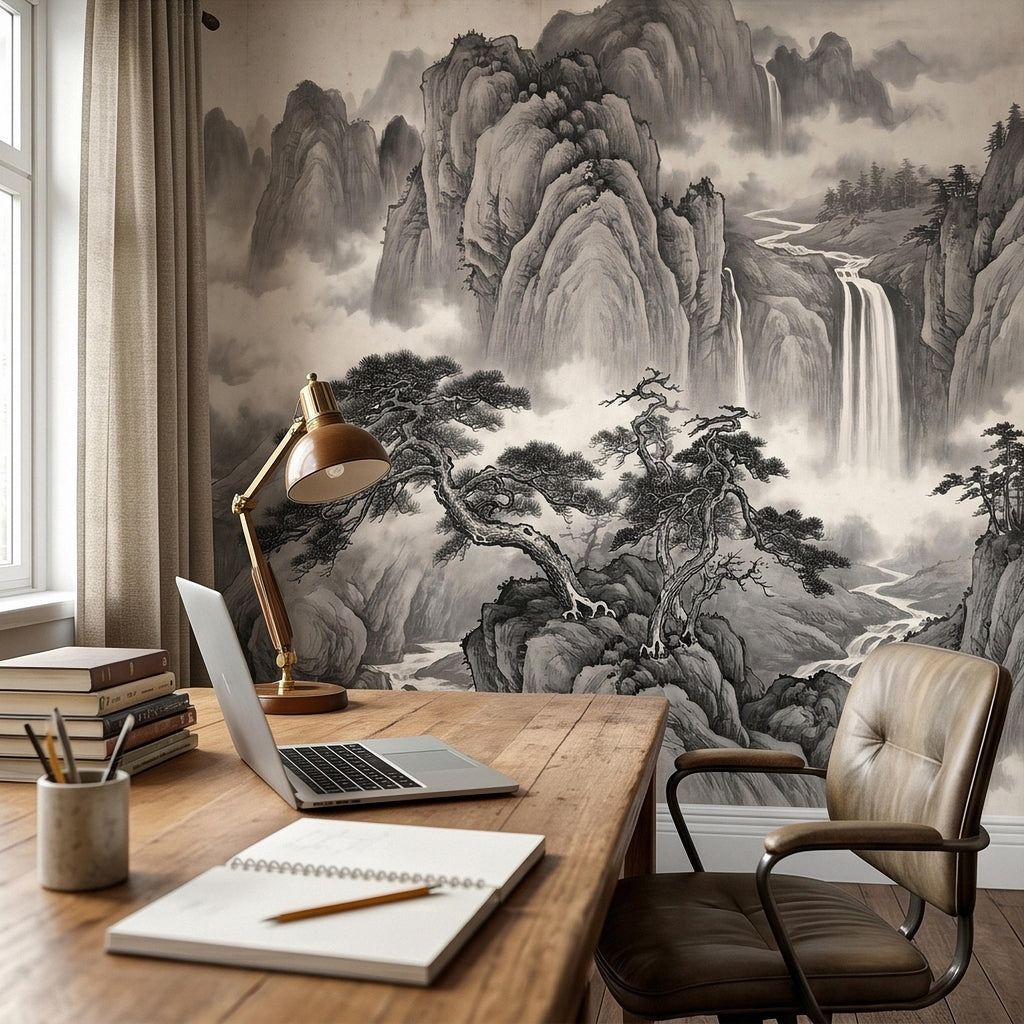 Chinese Ink Mountain Peel and Stick Wall Mural, Misty Waterfall Landscape, Black White Shan Shui Painting, Zen Nature Wallpaper