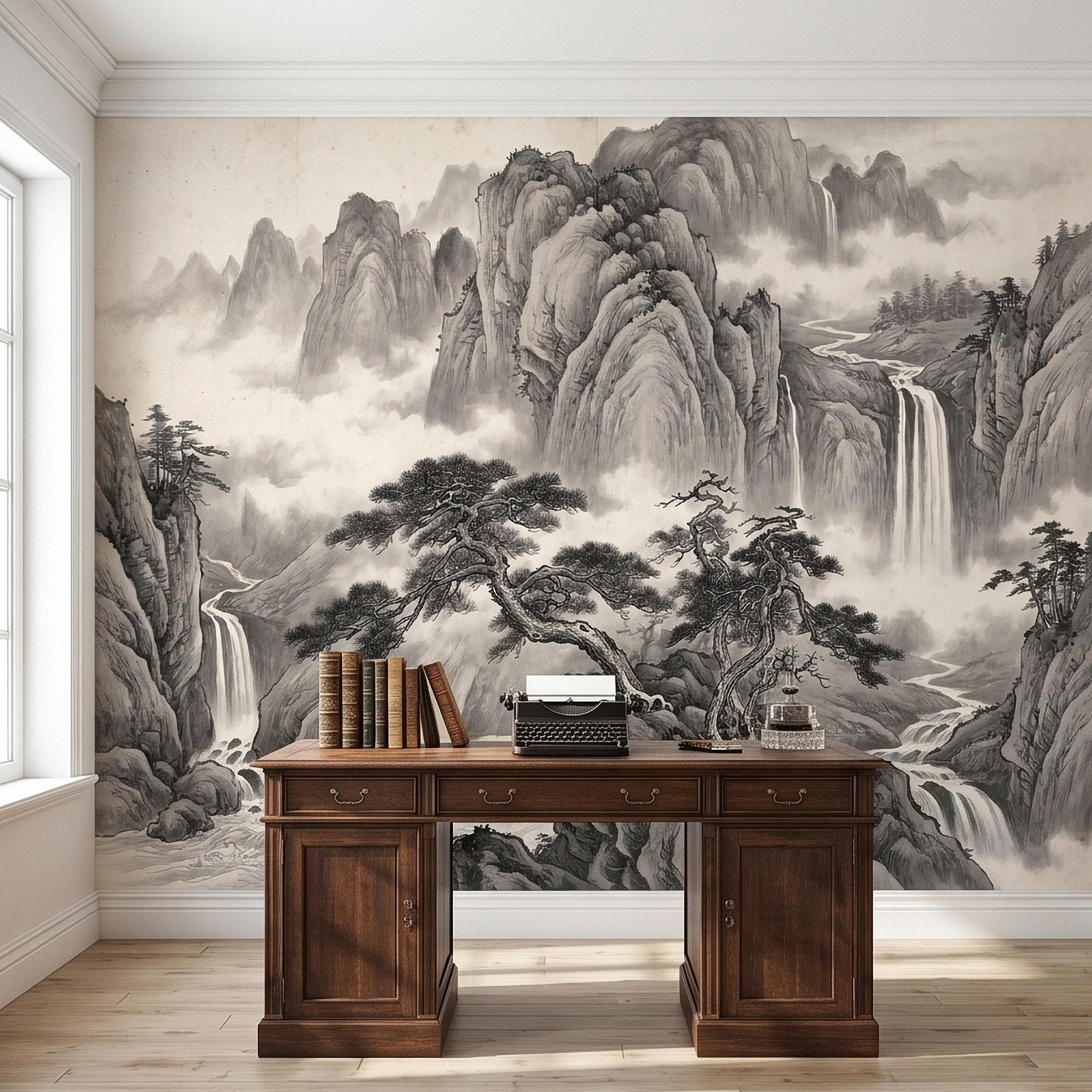 Chinese Ink Mountain Peel and Stick Wall Mural, Misty Waterfall Landscape, Black White Shan Shui Painting, Zen Nature Wallpaper