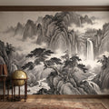 Chinese Ink Mountain Peel and Stick Wall Mural, Misty Waterfall Landscape, Black White Shan Shui Painting, Zen Nature Wallpaper