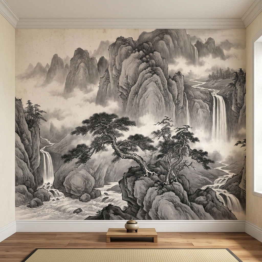 Chinese Ink Mountain Peel and Stick Wall Mural, Misty Waterfall Landscape, Black White Shan Shui Painting, Zen Nature Wallpaper