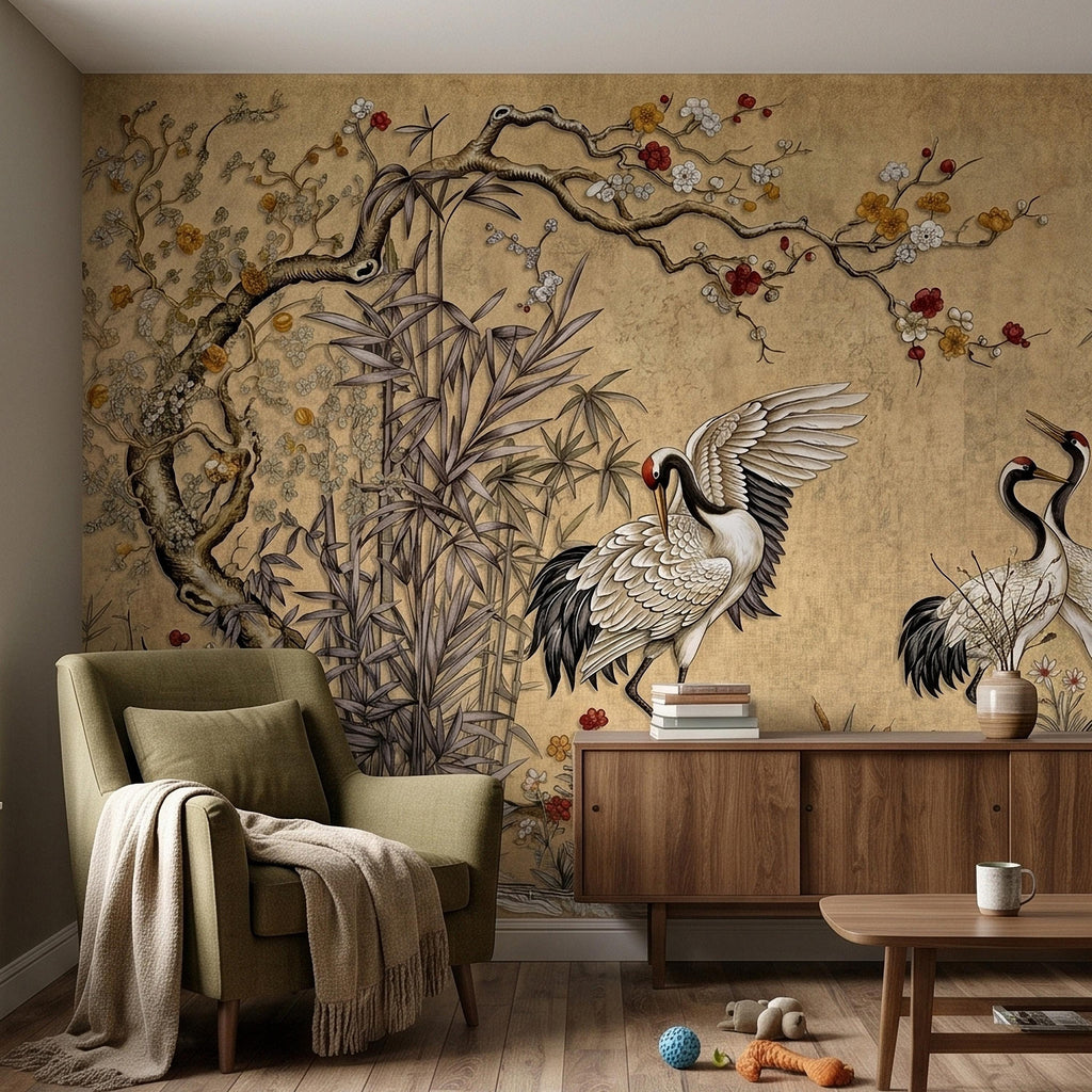 Japanese Cranes Peel and Stick Wall Mural, Vintage Chinoiserie Bamboo Cherry Blossoms, Silk Scroll Style, Asian Birds Gold Tan Wallpaper