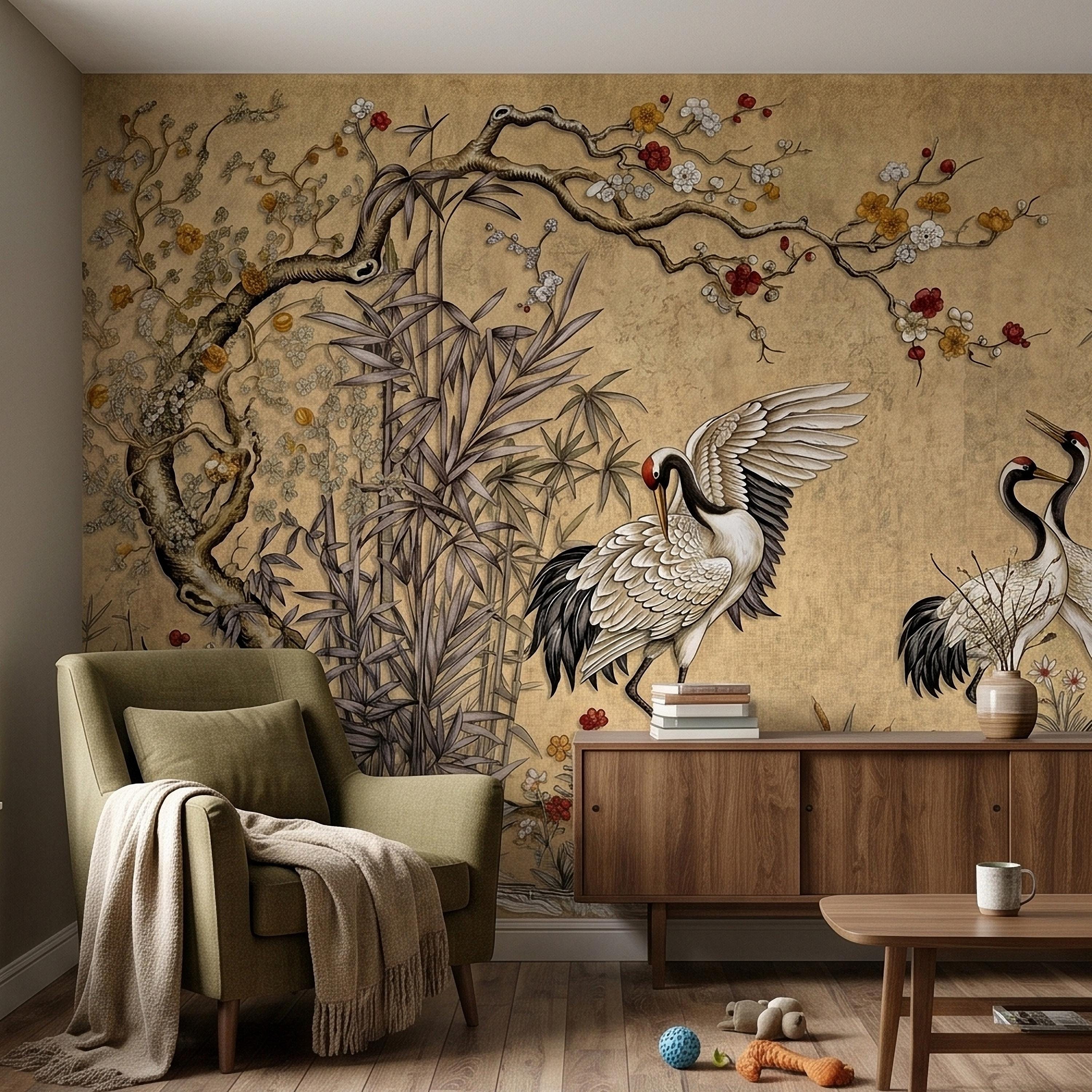 Japanese Cranes Peel and Stick Wall Mural, Vintage Chinoiserie Bamboo Cherry Blossoms, Silk Scroll Style, Asian Birds Gold Tan Wallpaper