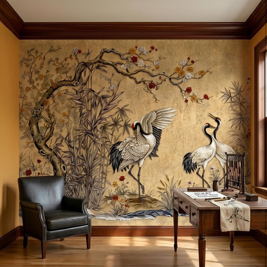 Japanese Cranes Peel and Stick Wall Mural, Vintage Chinoiserie Bamboo Cherry Blossoms, Silk Scroll Style, Asian Birds Gold Tan Wallpaper