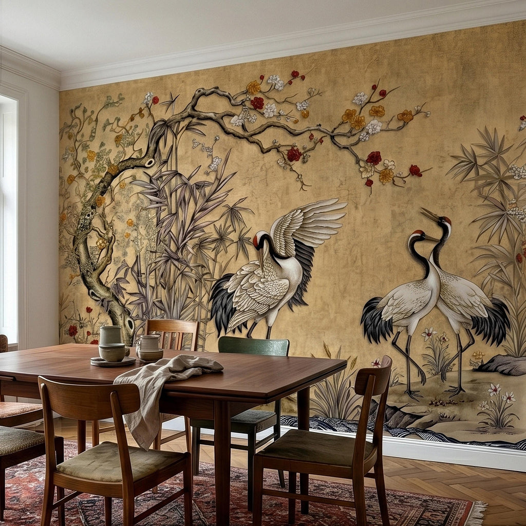 Japanese Cranes Peel and Stick Wall Mural, Vintage Chinoiserie Bamboo Cherry Blossoms, Silk Scroll Style, Asian Birds Gold Tan Wallpaper