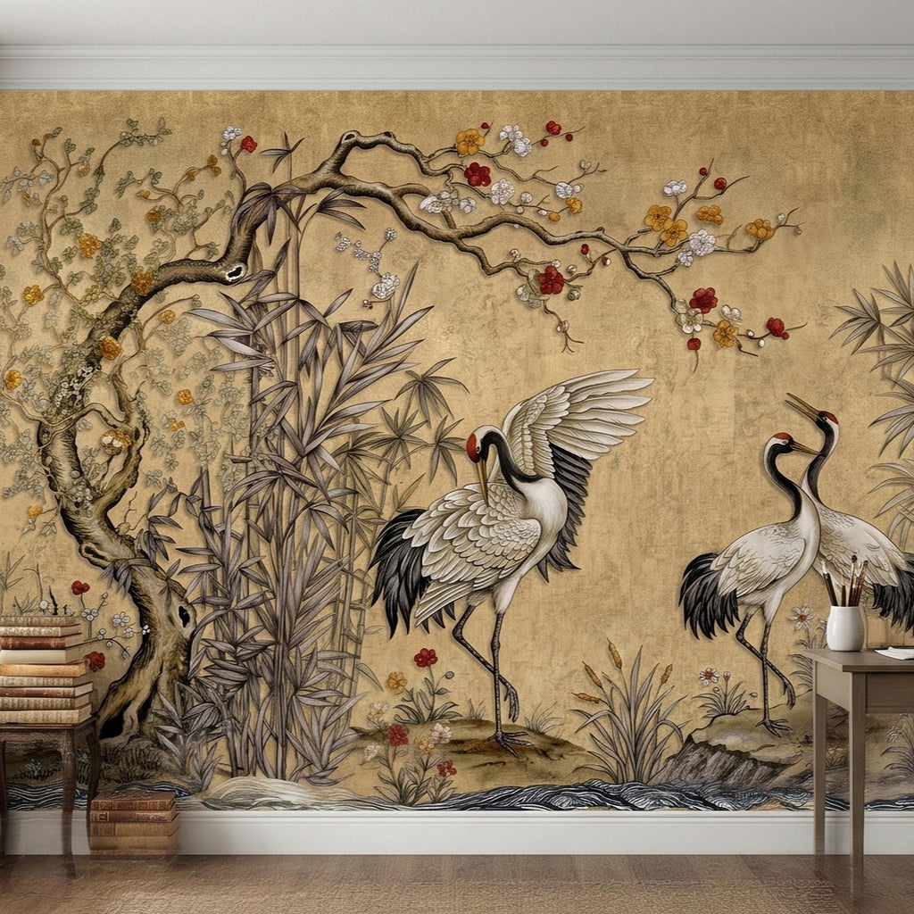 Japanese Cranes Peel and Stick Wall Mural, Vintage Chinoiserie Bamboo Cherry Blossoms, Silk Scroll Style, Asian Birds Gold Tan Wallpaper