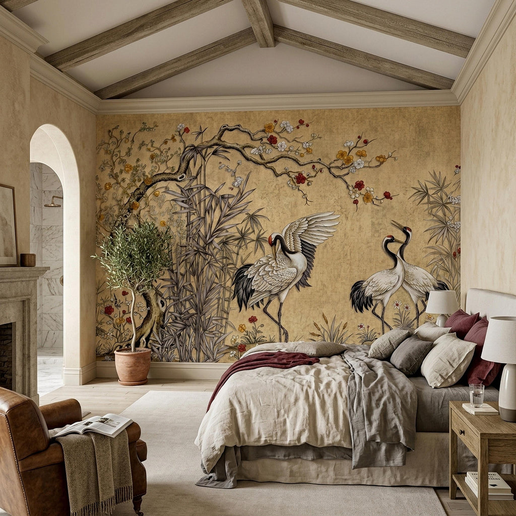 Japanese Cranes Peel and Stick Wall Mural, Vintage Chinoiserie Bamboo Cherry Blossoms, Silk Scroll Style, Asian Birds Gold Tan Wallpaper