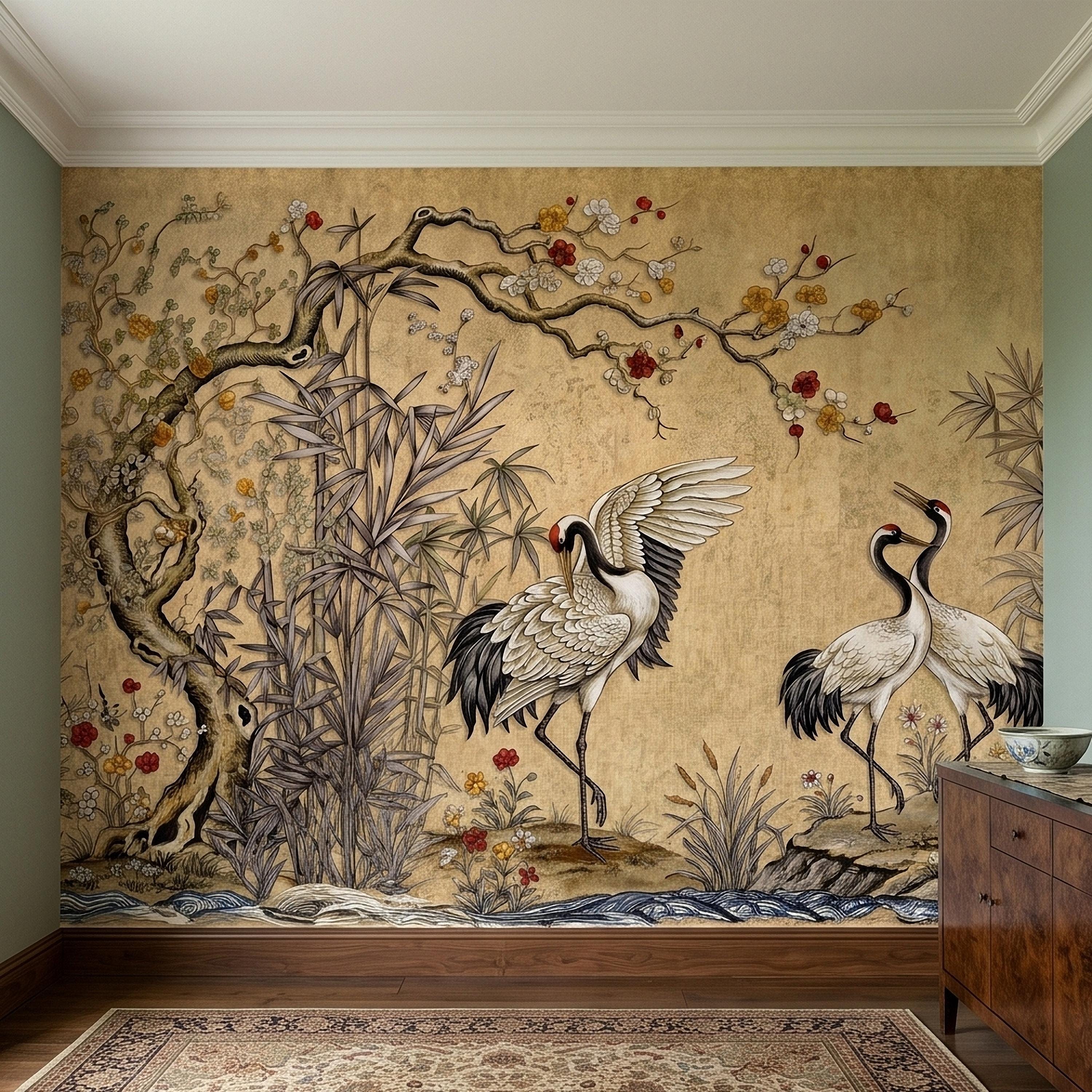 Japanese Cranes Peel and Stick Wall Mural, Vintage Chinoiserie Bamboo Cherry Blossoms, Silk Scroll Style, Asian Birds Gold Tan Wallpaper