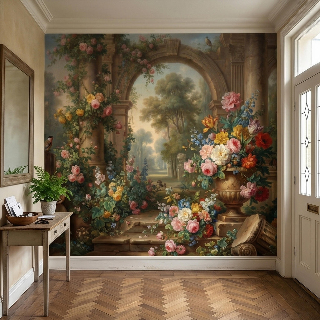 Vintage Floral Garden Peel and Stick Wall Mural, Romantic Stone Archway Roses Peonies and Birds, Classic European Landscape Wallpaper