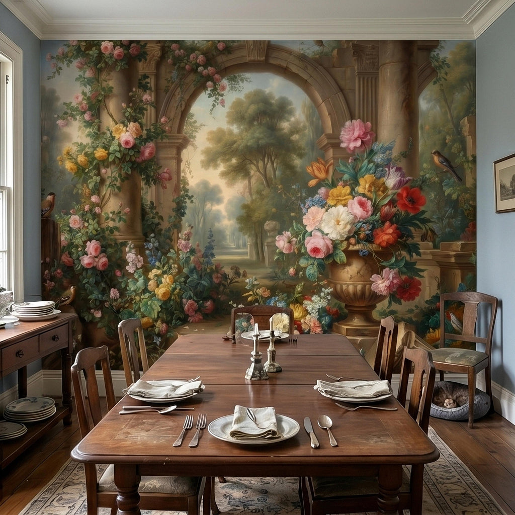 Vintage Floral Garden Peel and Stick Wall Mural, Romantic Stone Archway Roses Peonies and Birds, Classic European Landscape Wallpaper