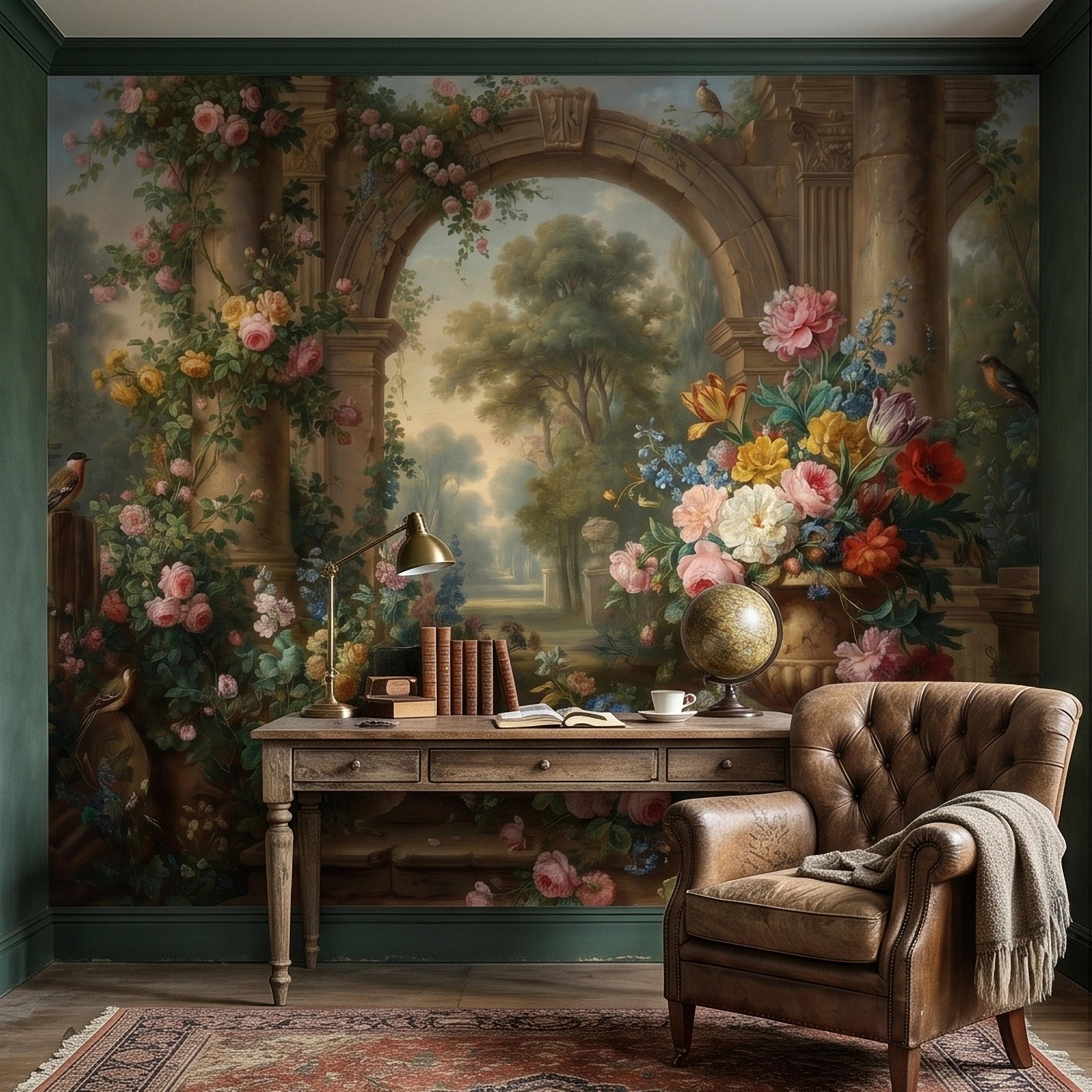 Vintage Floral Garden Peel and Stick Wall Mural, Romantic Stone Archway Roses Peonies and Birds, Classic European Landscape Wallpaper