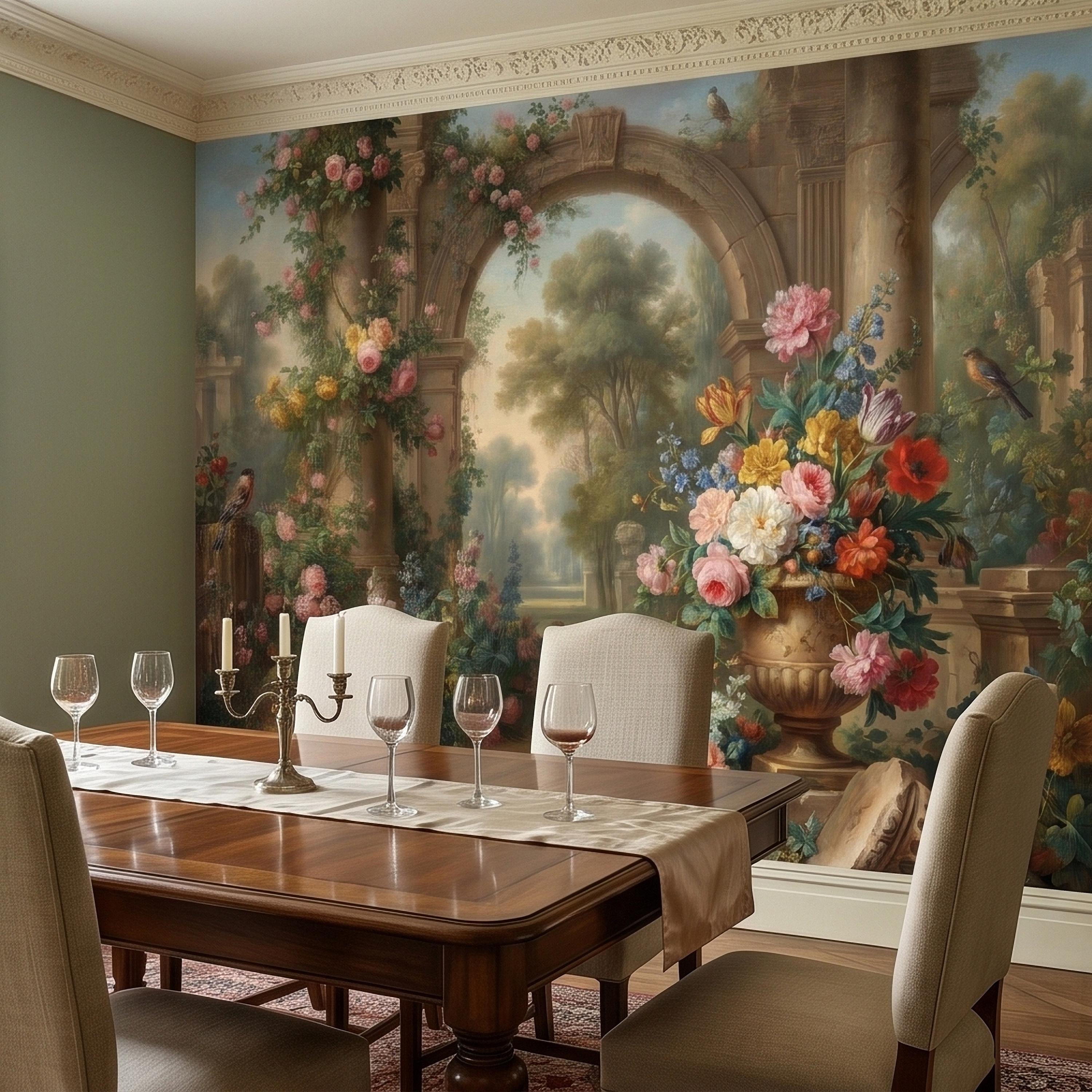 Vintage Floral Garden Peel and Stick Wall Mural, Romantic Stone Archway Roses Peonies and Birds, Classic European Landscape Wallpaper