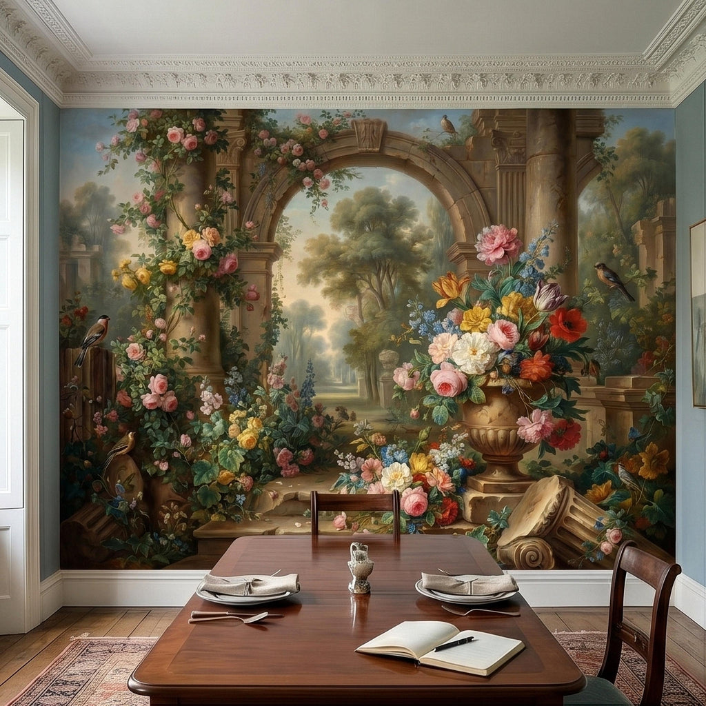 Vintage Floral Garden Peel and Stick Wall Mural, Romantic Stone Archway Roses Peonies and Birds, Classic European Landscape Wallpaper