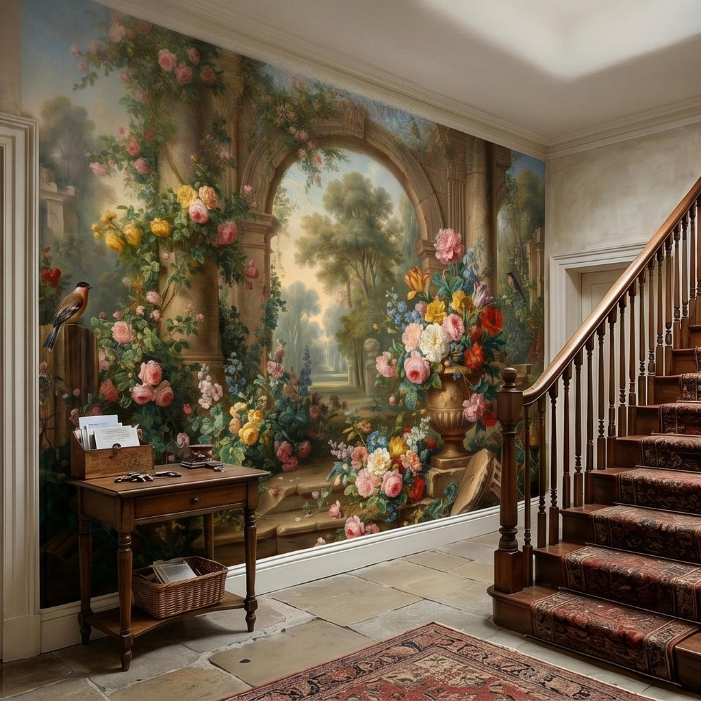 Vintage Floral Garden Peel and Stick Wall Mural, Romantic Stone Archway Roses Peonies and Birds, Classic European Landscape Wallpaper